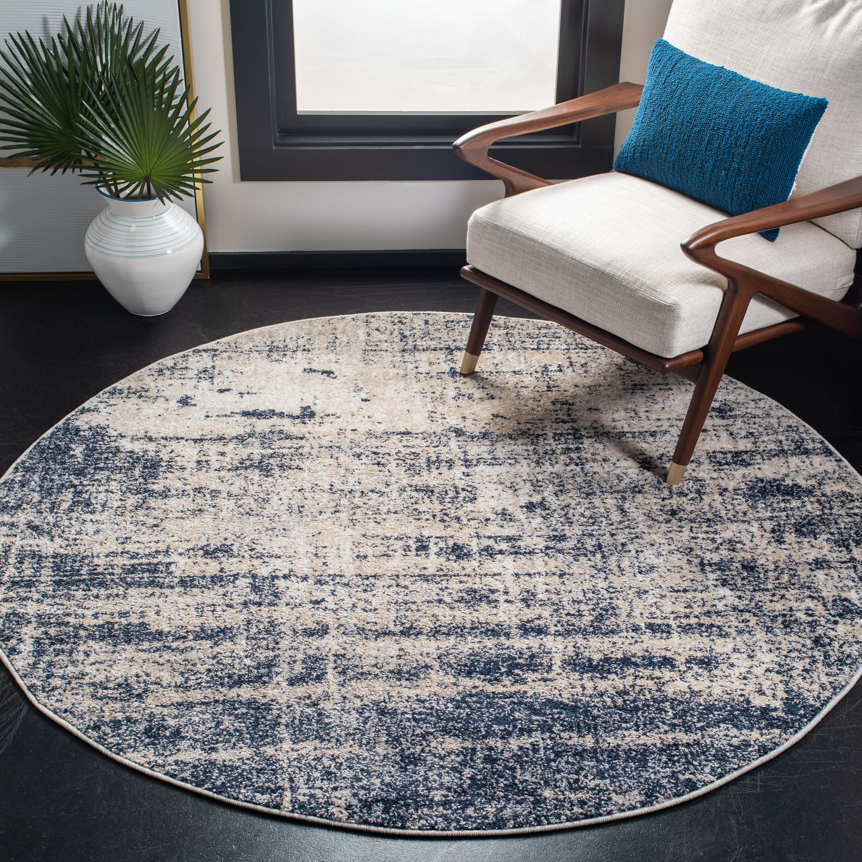 Safavieh ADR207C-8R Adirondack Sansa 8 x 8 (ft) Loomed Polypropylene Gold/Navy Round Indoor Distressed/Overdyed Bohemian/Eclectic Area rug