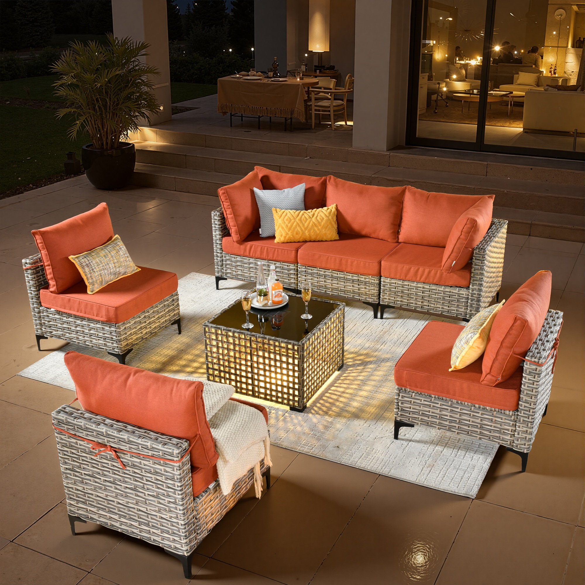 ALTRIGUS 6L-SKT80C7-AL 7 -Piece Wicker Patio Sofa Conversation Set with Orange Cushions