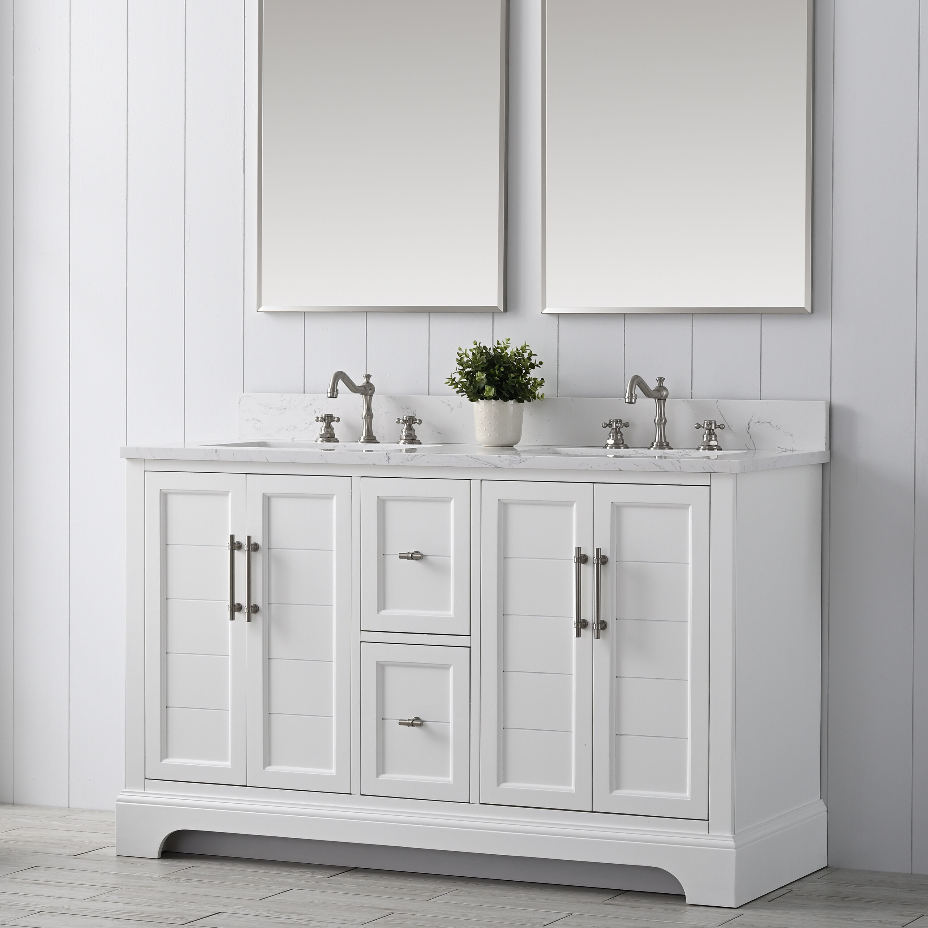 White Double Sink Bathroom Vanity with Quartz Top and Backsplash