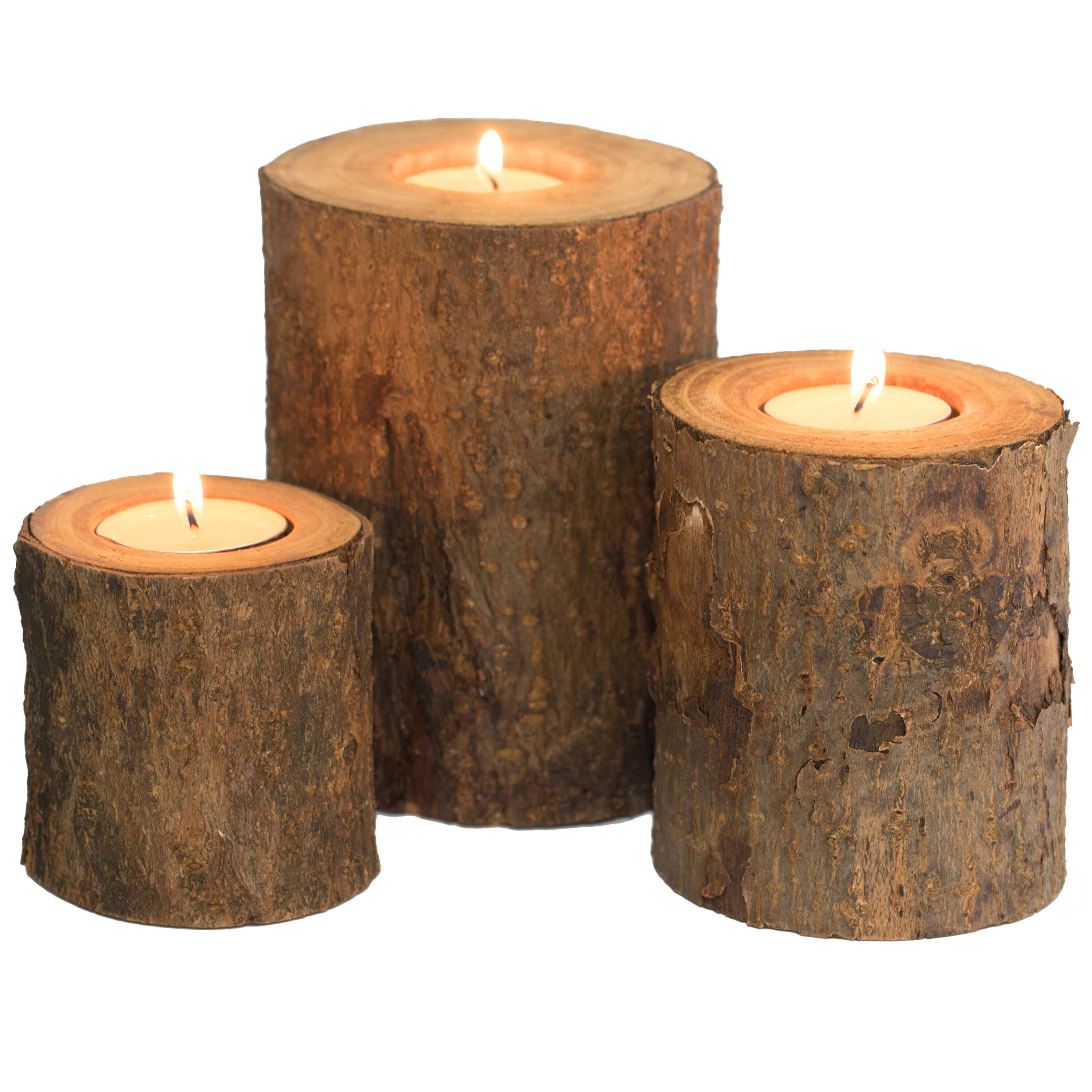 Vintiquewise Rustic Wooden Tree Stump Tea Light Candle Holder Set of 3,  Brown, Rustic Style, Indoor Use, Dimensions: Large- 3.75 In Dia x 5.25 In H