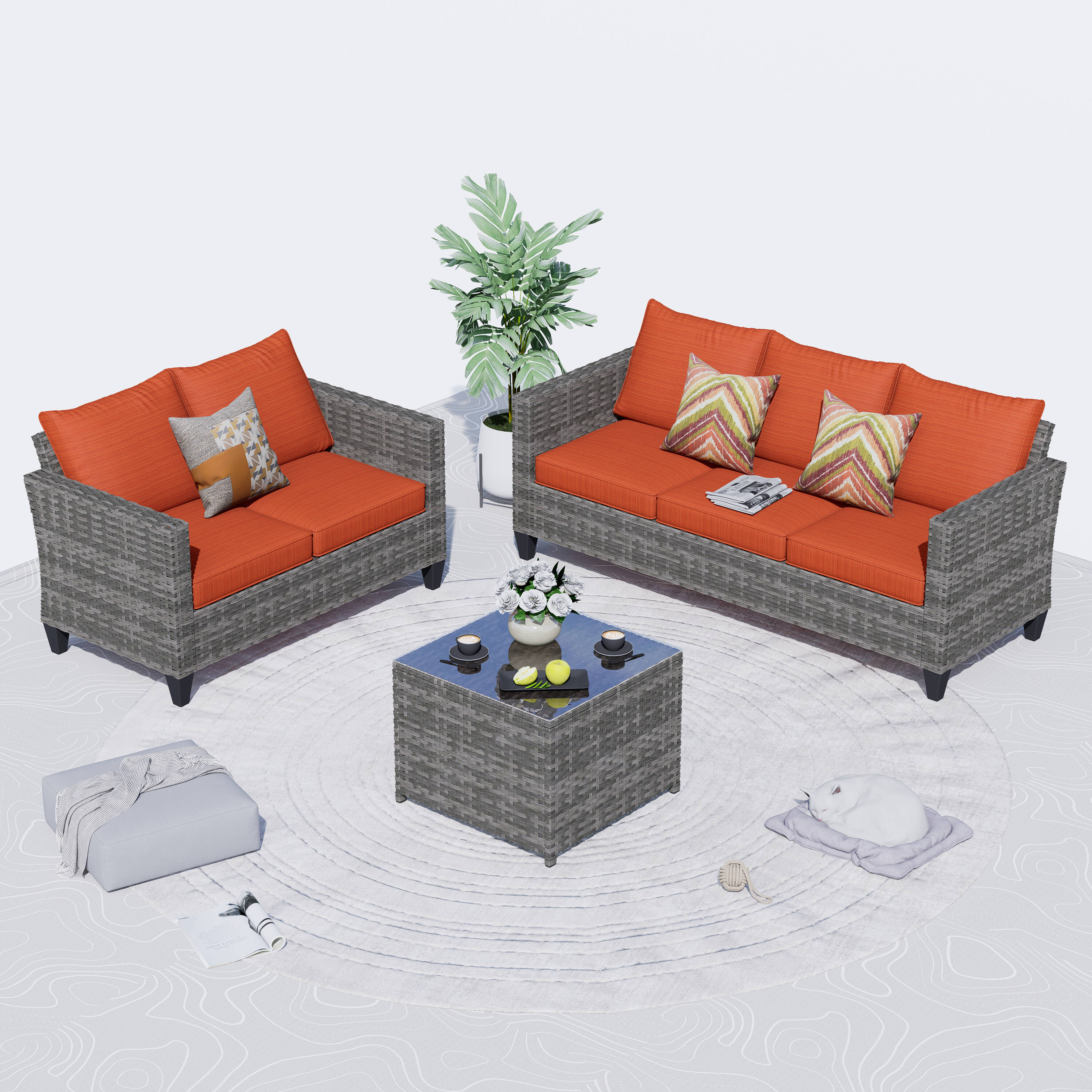 Pouuin SGRS803 3 -Piece Wicker Patio Sofa Conversation Set with Orange Cushions