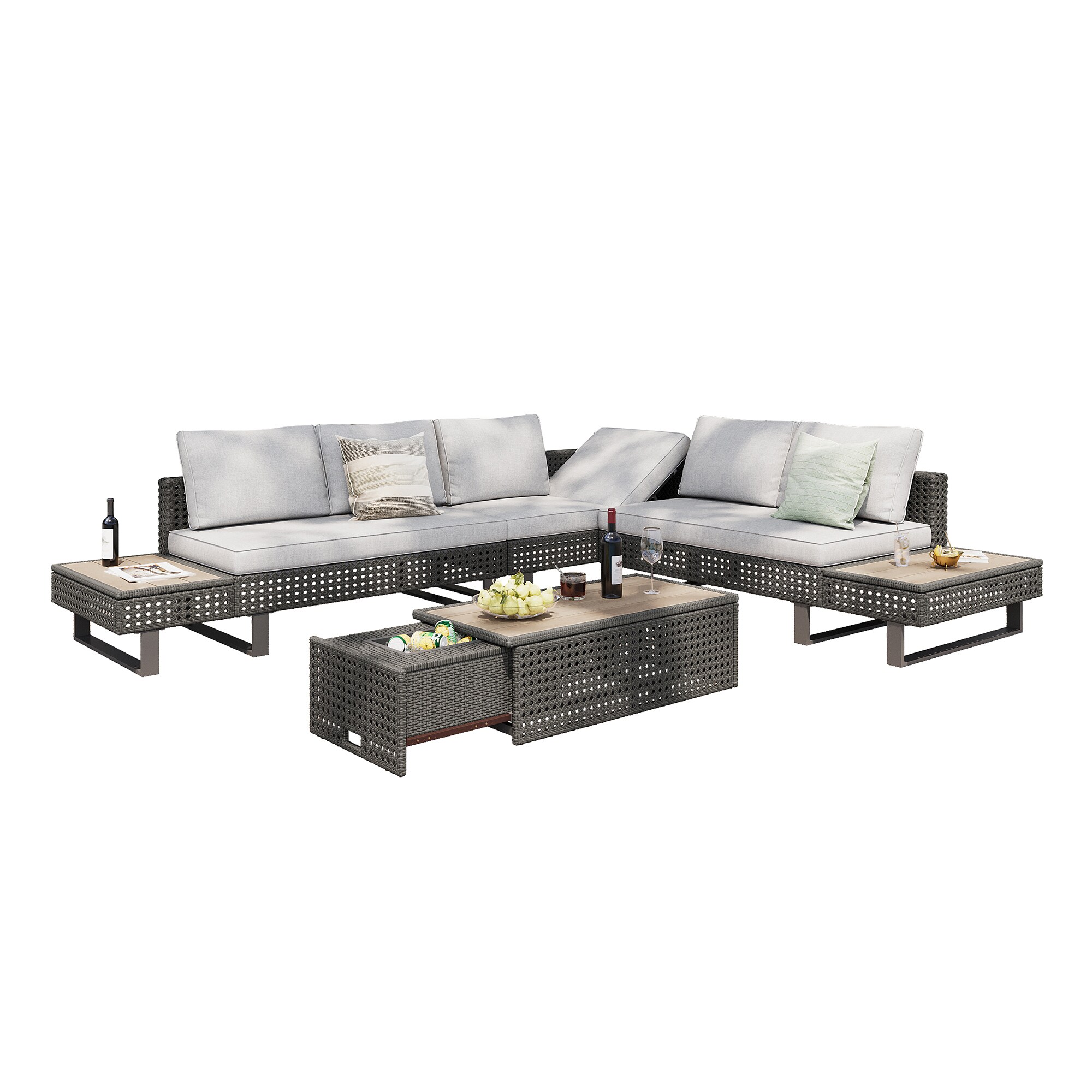 Bybafun YB2600187 Wicker Outdoor Sectional with Gray Cushions and Wicker Frame