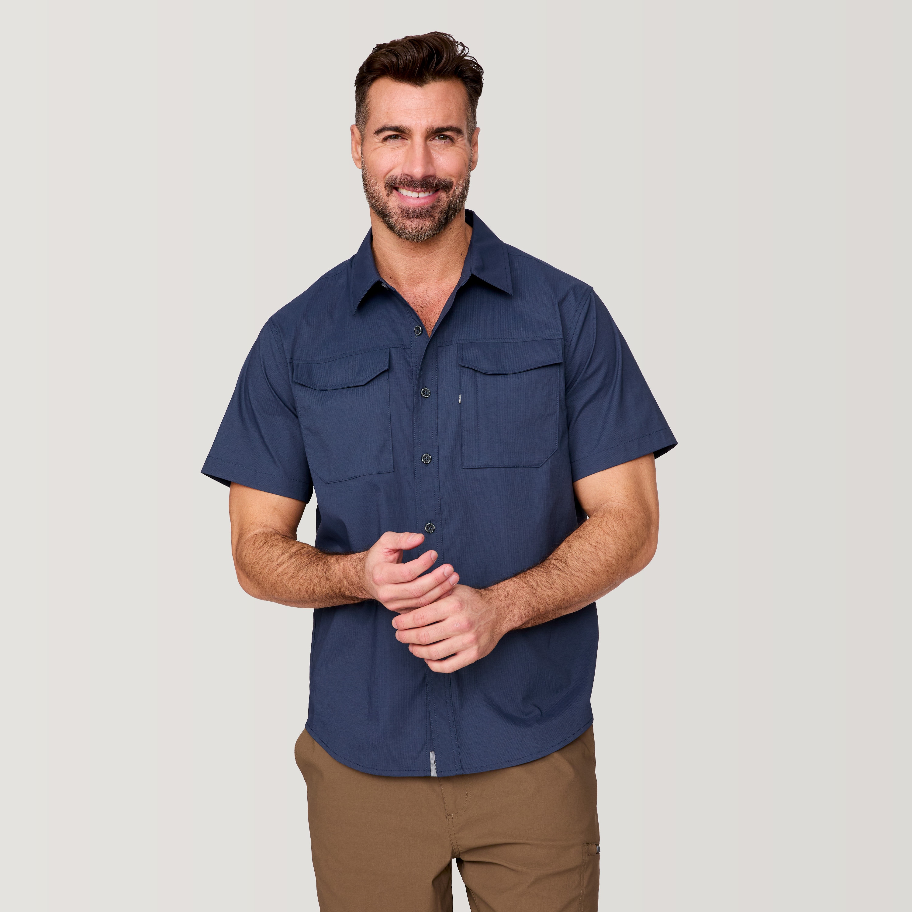 Free Country Men's Blue Woven Short sleeve Solid Button-down shirt ( Medium ) #482MAS5212-STORM-M