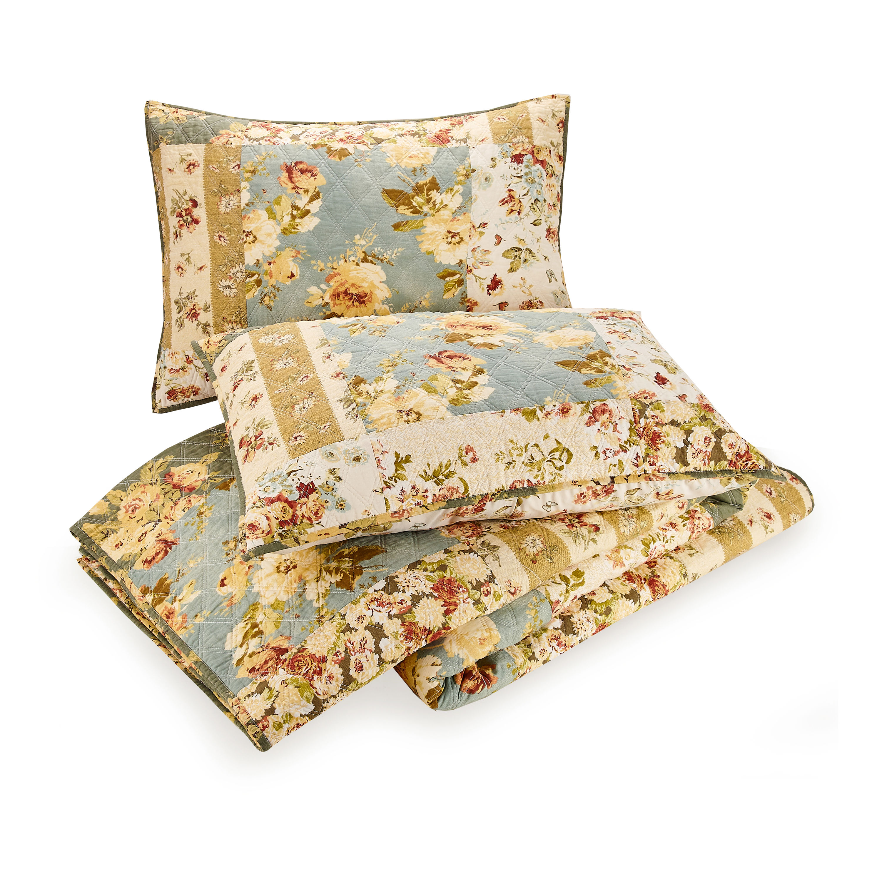Full Blue Cotton Reversible Quilt Set with Shams