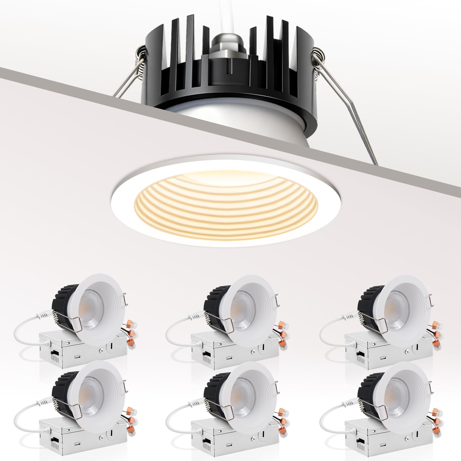 JVFCXXV  6 Pack 3 Inch 5CCT Selectable LED Anti Glare Down Light with Junction Box Dimmable ETL Energy Star Certified White