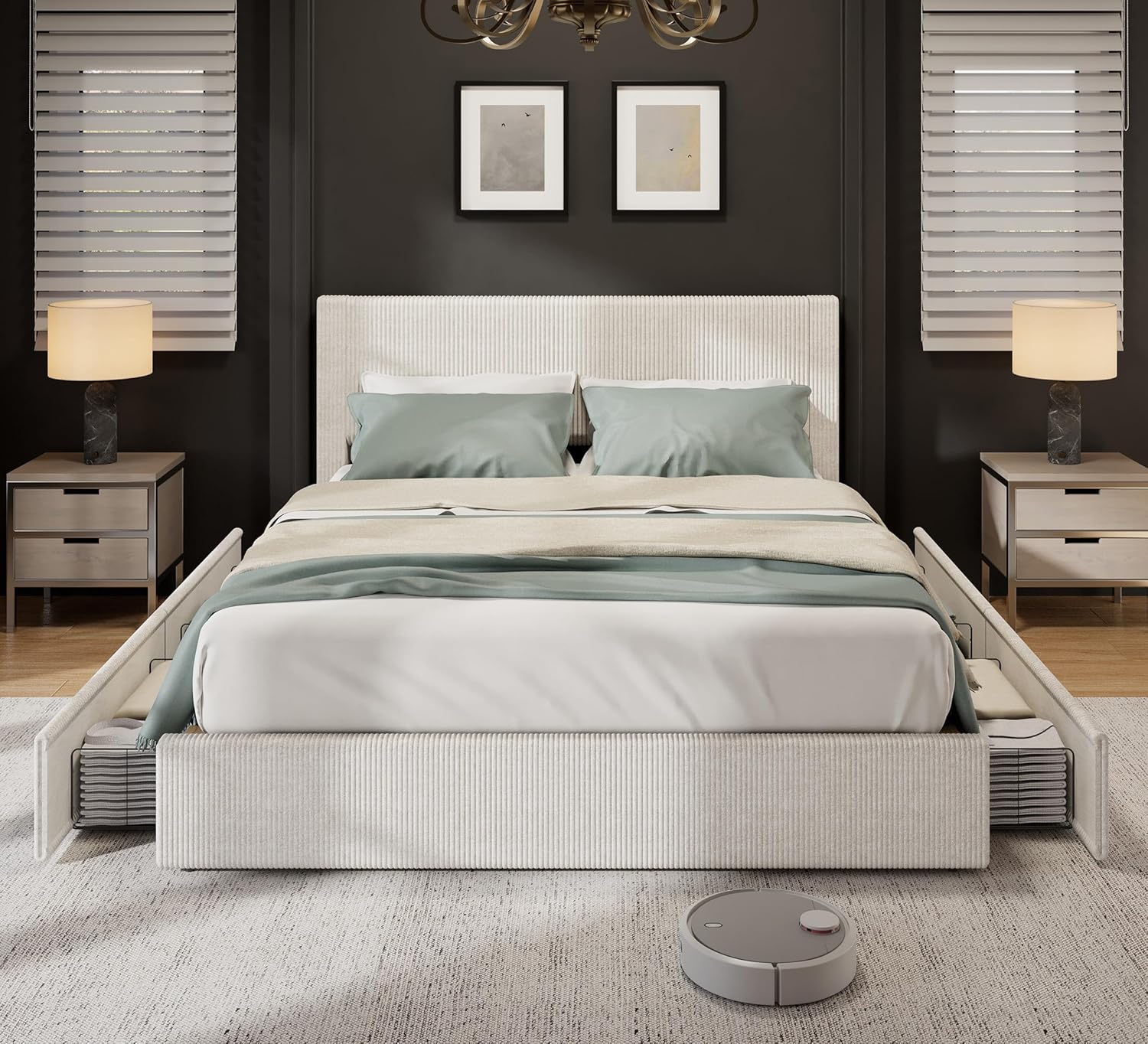 Qeetex LHF-BED-PHO-33T6BLXC King Size Bed Frame with 4 Storage Drawers Platform Bed Frame King with Upholstered Channel Tufted Wingback Headboard Strong Wooden Slats Support No Box Spring Needed Beige