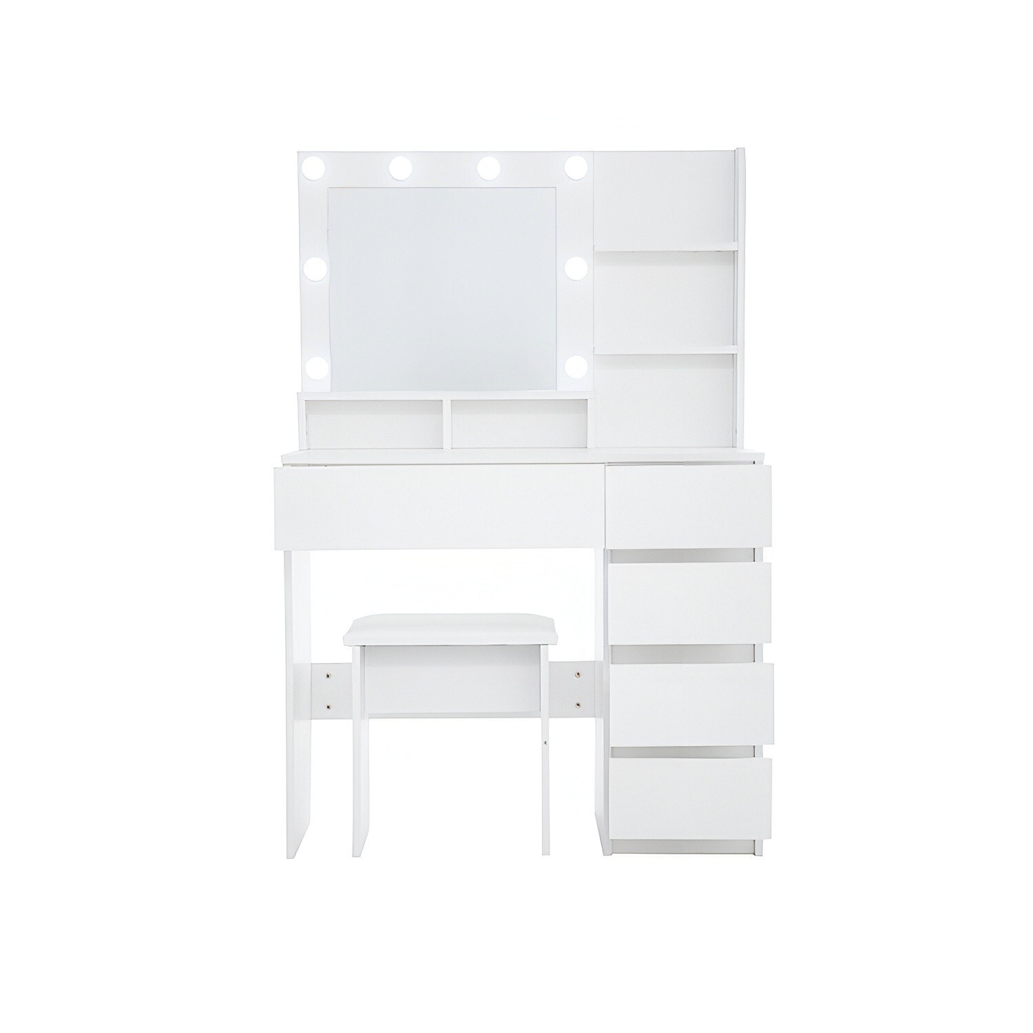 White vanity with drawers and mirror and multiple storage compartments