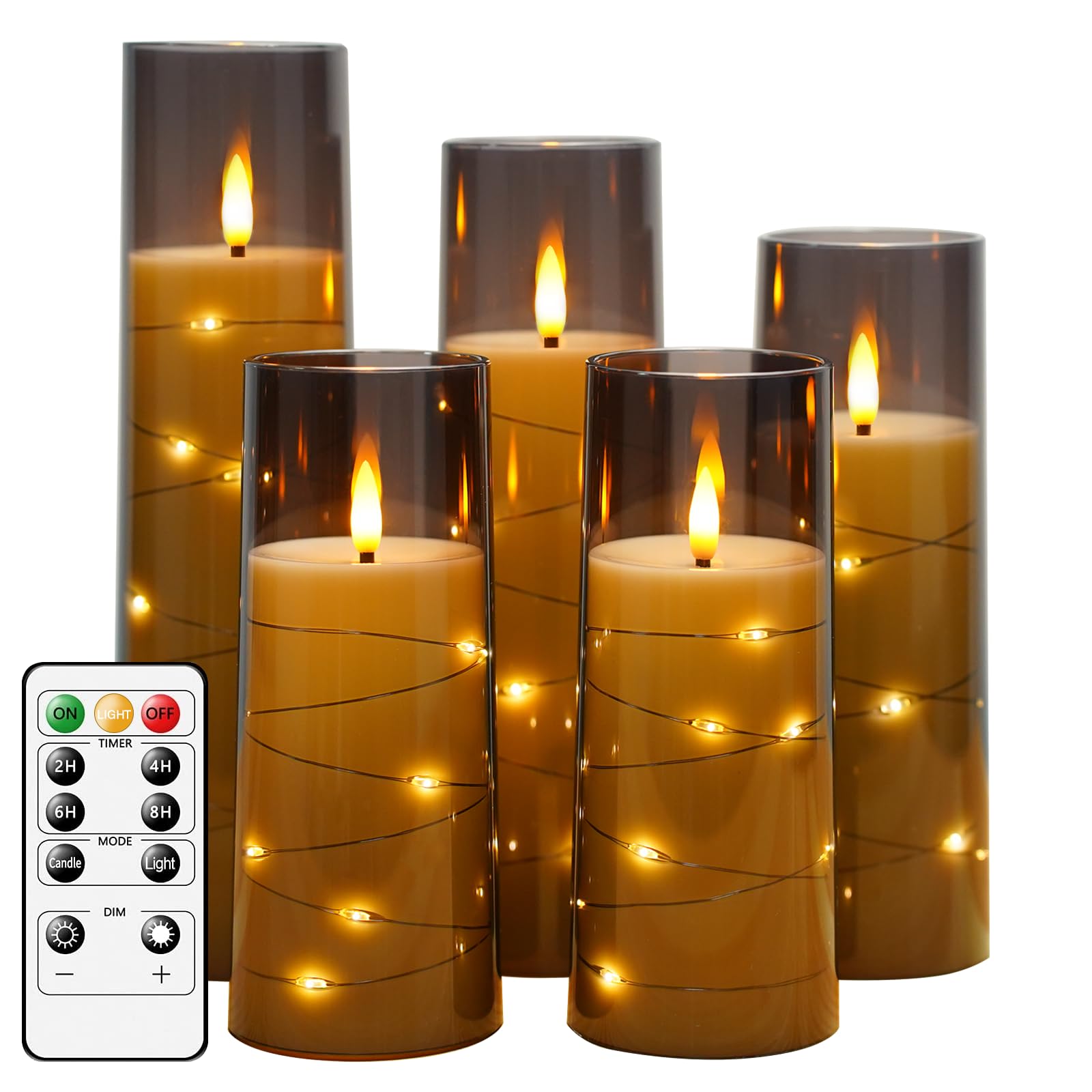 Etokfoks  5 Pack LED Flameless Candles with Timer Acrylic Shell Embedded String Lights 2.3 in Diameter Heights 5 5 6 7 8 in Grey