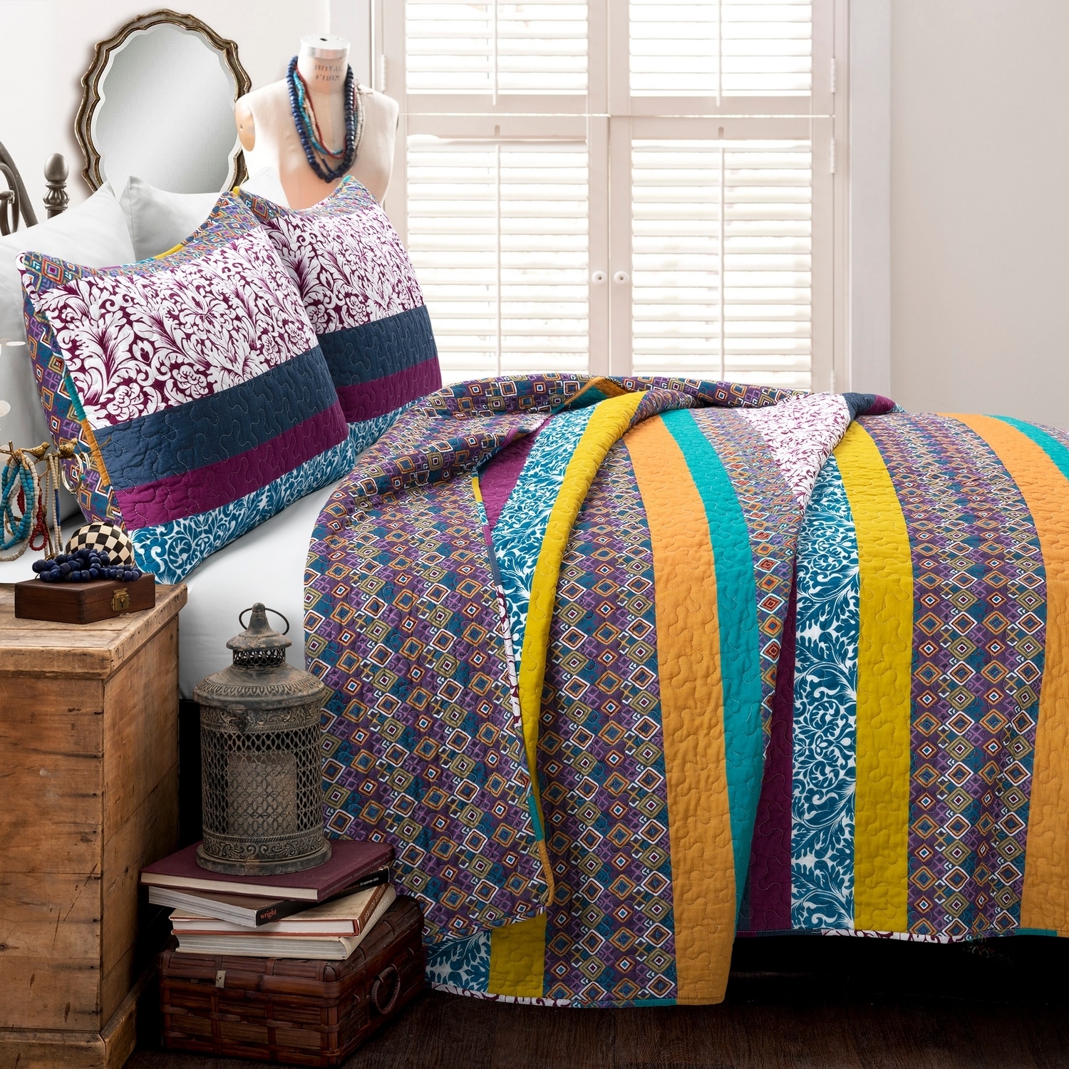 King Size Boho Stripe Reversible Cotton Quilt Set in Purple and Yellow