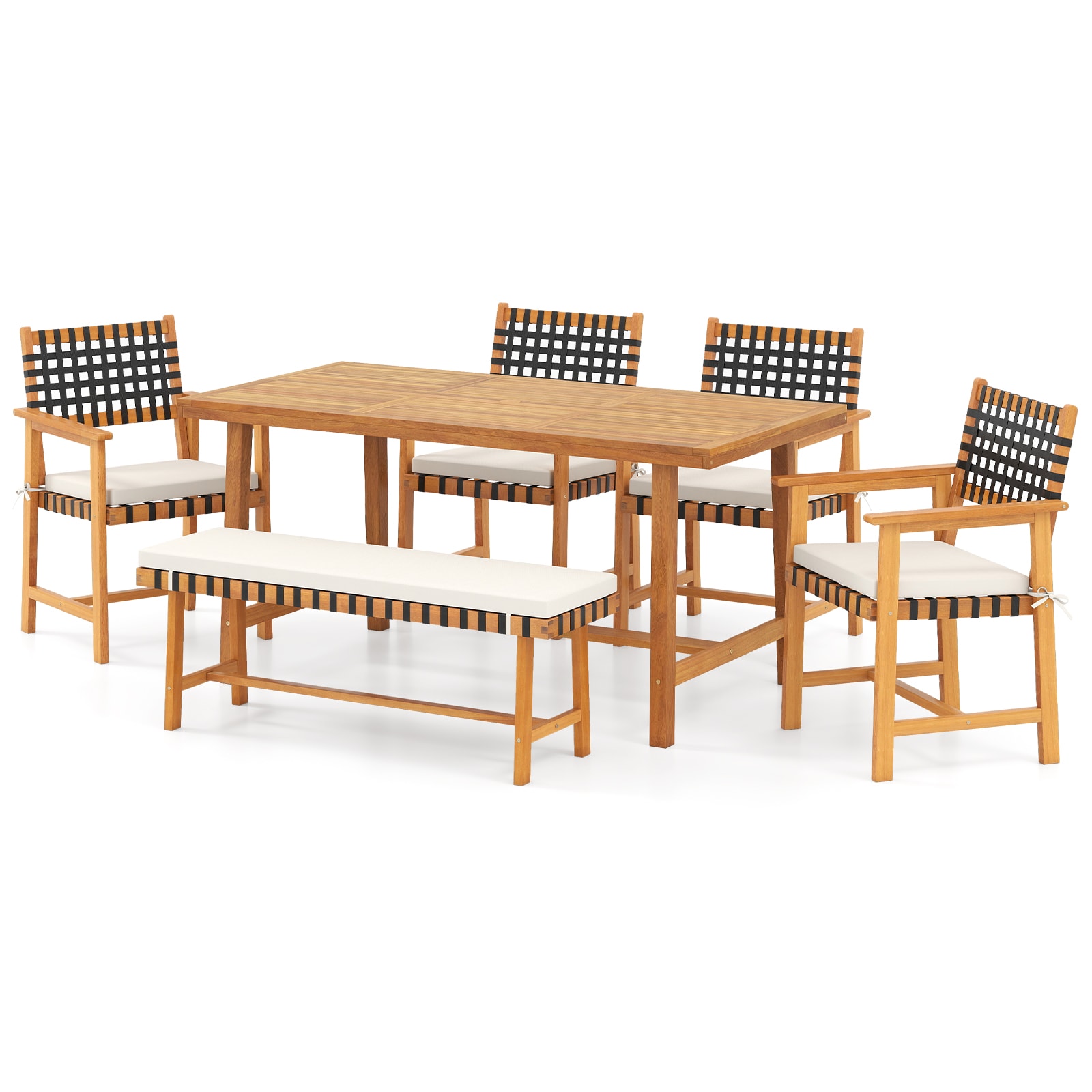 YERIVA - 6 -Piece Natural Patio Dining Set Wood Rectangle Table with 4 Off-white Cushions Station...