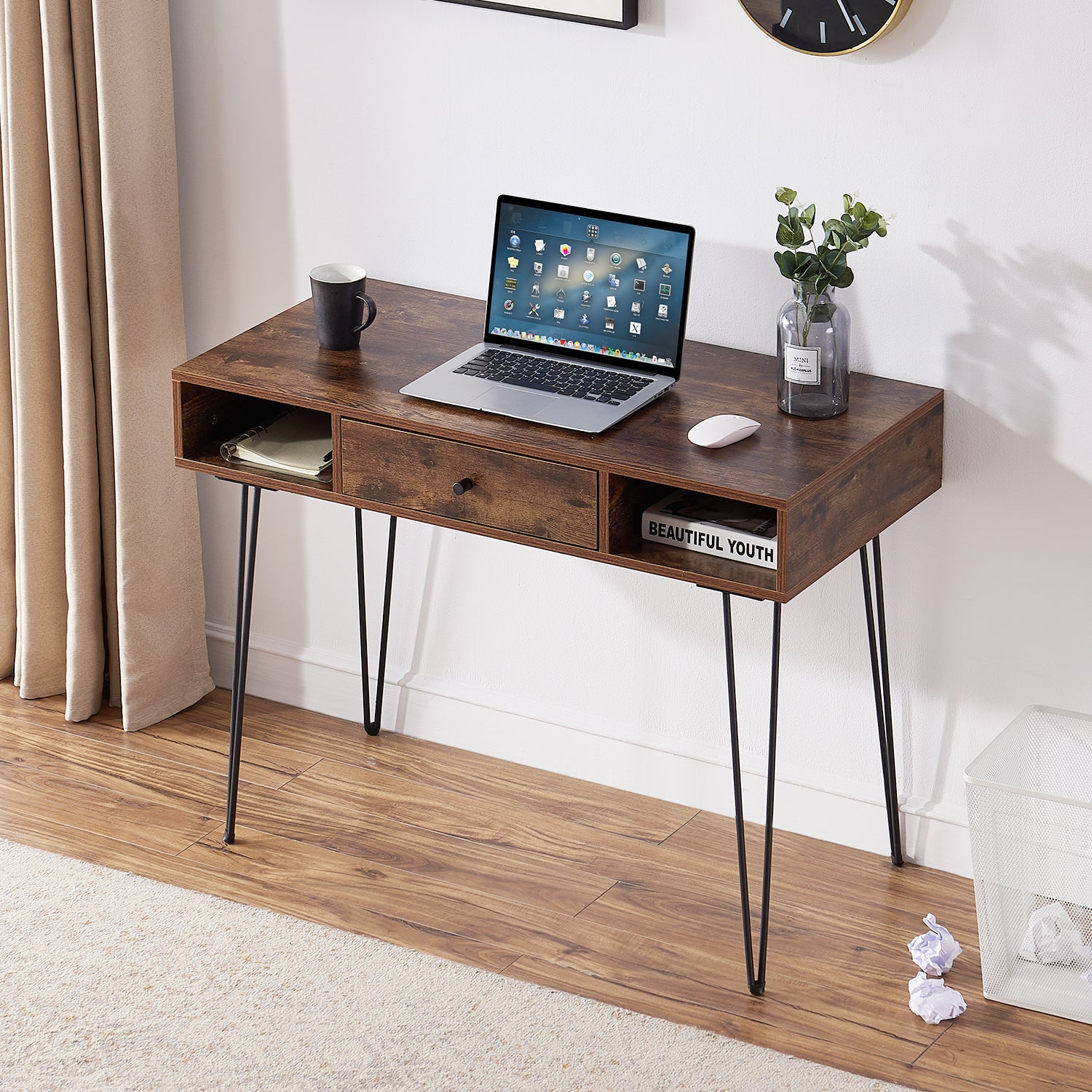 Vecelo LOE-JYX-CD02-BRN Home Office Work Table with Drawers Computer Desk with Hairpin Leg for Writing Study