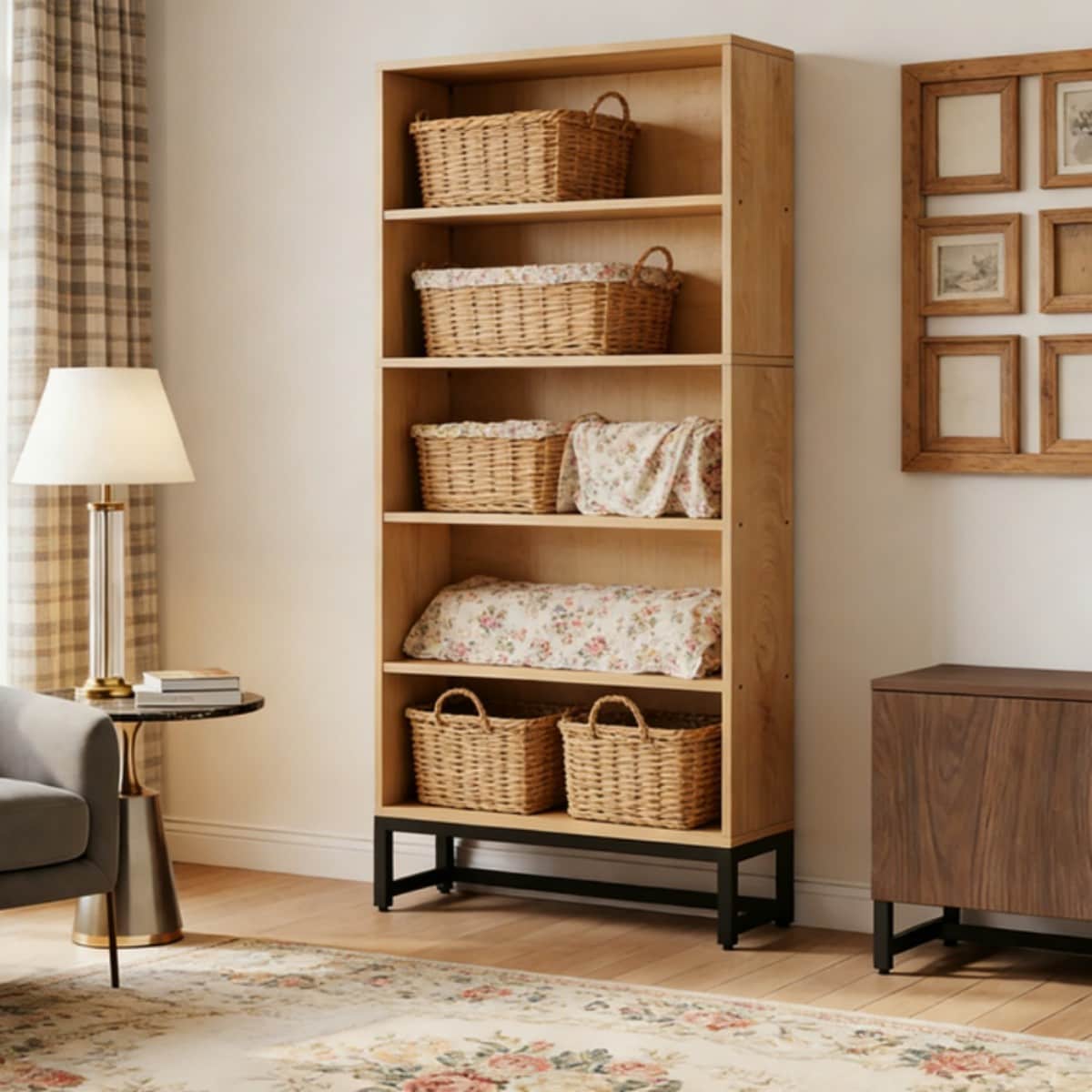 GlasFlength  71 Inch Tall Display Cabinet with 5 Tier Shelves Utility Storage Cabinets with  LED Lighting Office Storage Cabinet for Living Room Study Room Dining Room Brown