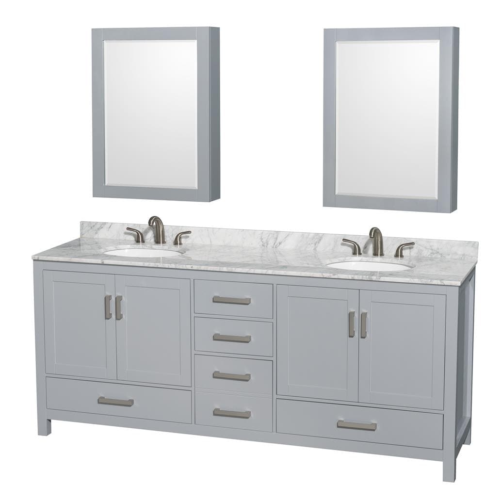 Wyndham Collection WCS141480DGYCMUNOMED Sheffield 80-in Gray with Brushed Chrome Trim Undermount Double sink Bathroom Vanity with White Marble Top (Mirror Included)