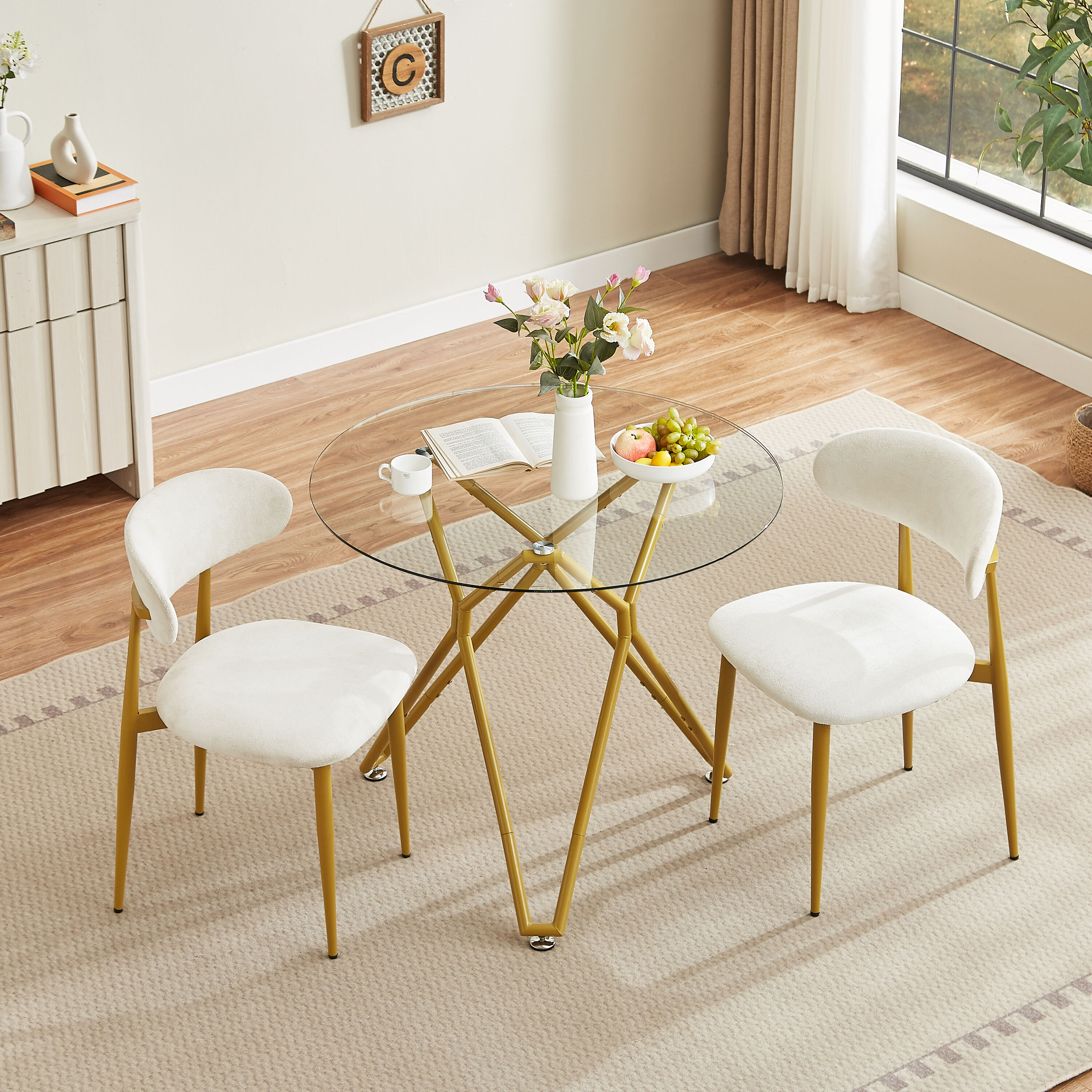 LOVMOR SF-WO-W1162P306709 Round Tempered Glass Dining Table People Gold Metal Legs