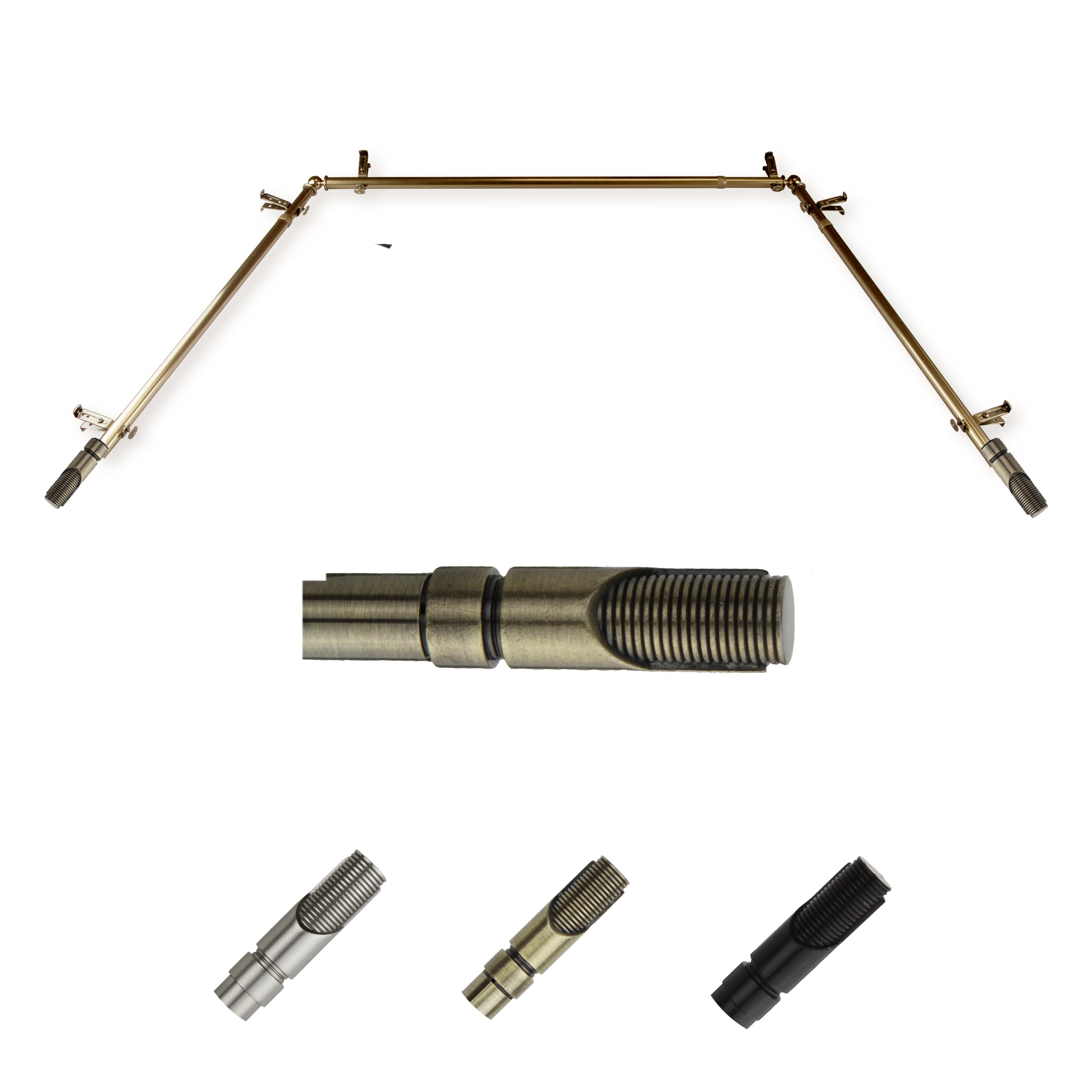 Hart & Harlow LO-ABAY-66-4 72-in to 144-in Antique Brass Steel Bay window curtain rod with Finials