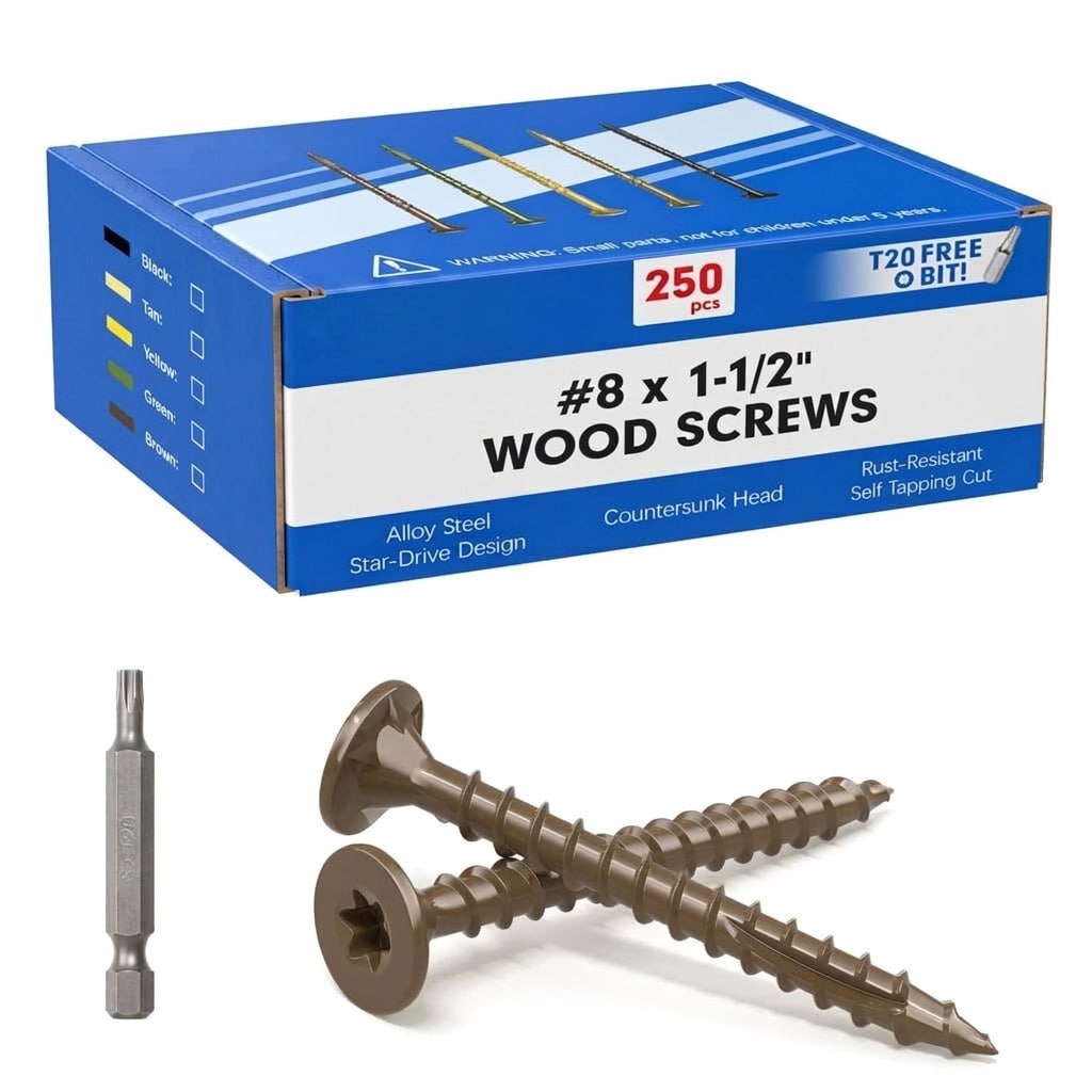 Phewnyzo  Number 8 x One and One Half Inch Deck Screws Star Drive Wood Screws 250 pcs Rust Resistant for Outdoor Timber and Landscaping T20 Star
