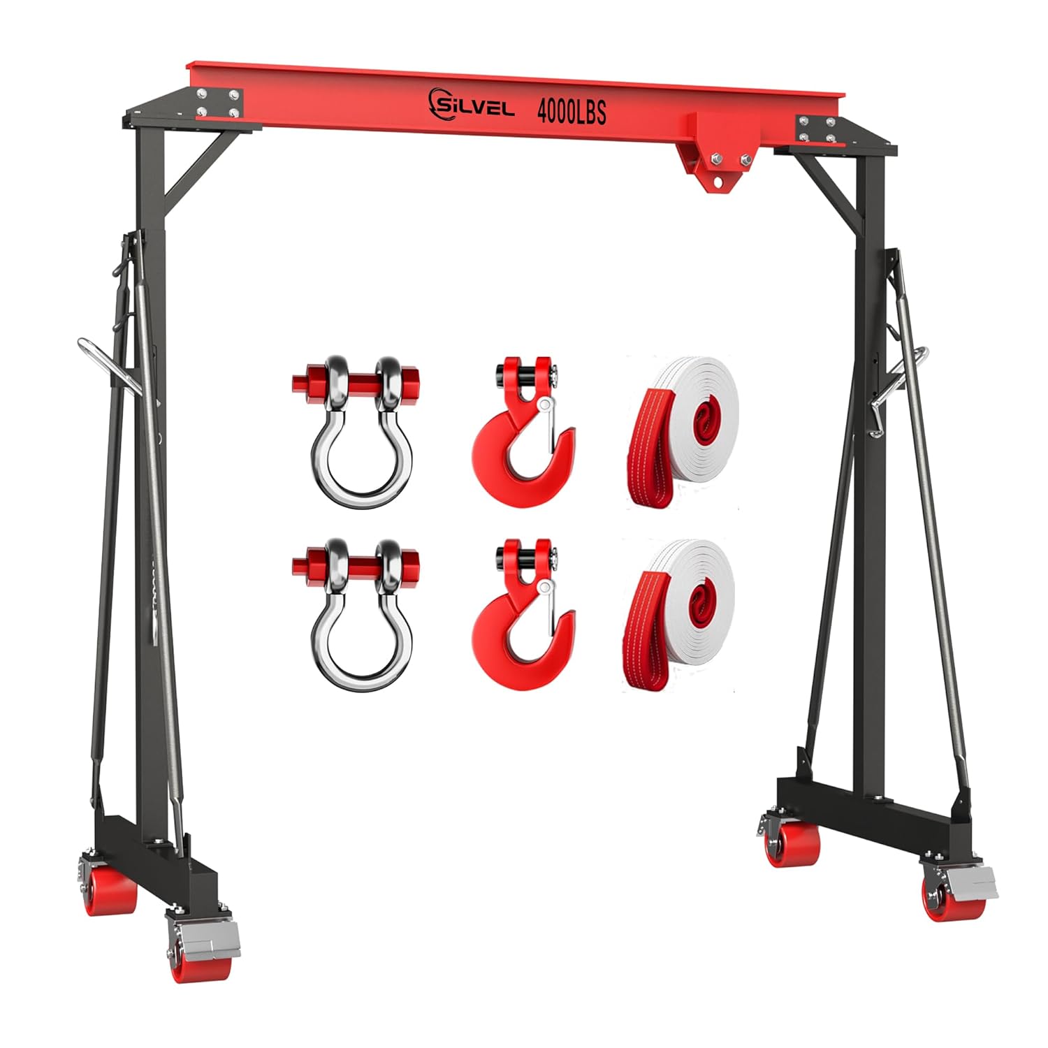 Silvel KF370036 2 Ton 5000Lb Gantry Crane 9.06FT Maximum Width 8.53-12.47ft Adjustable Height Portable Shop Lift Hoist with 2 Ton Manual Trolley Red