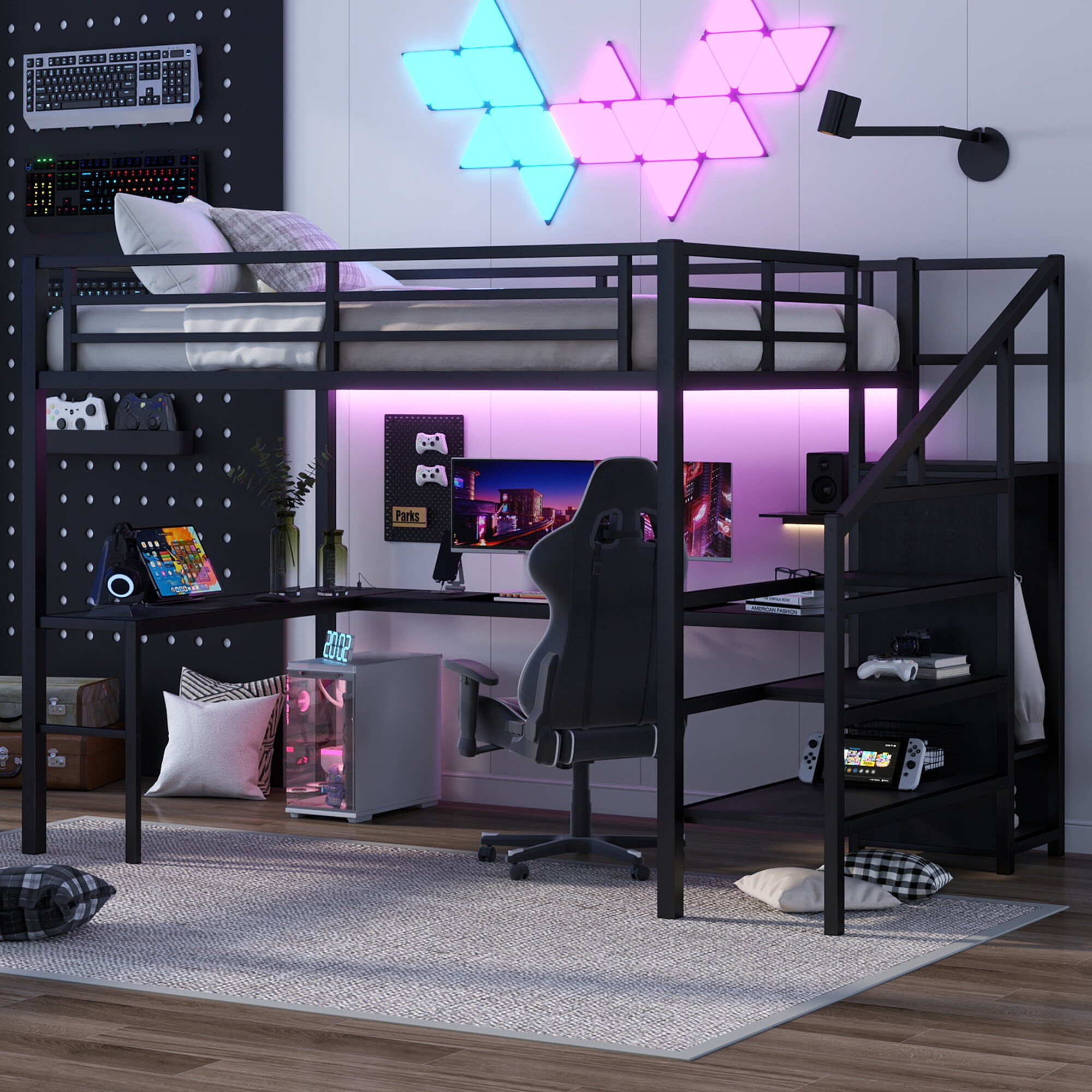 Tatayosi JJ-80S00106 Queen Size Loft Bed with L-shaped Desk and USB Metal Loft Bed with Wardrobe and Adjustable Shelf High Loft Bed with LED