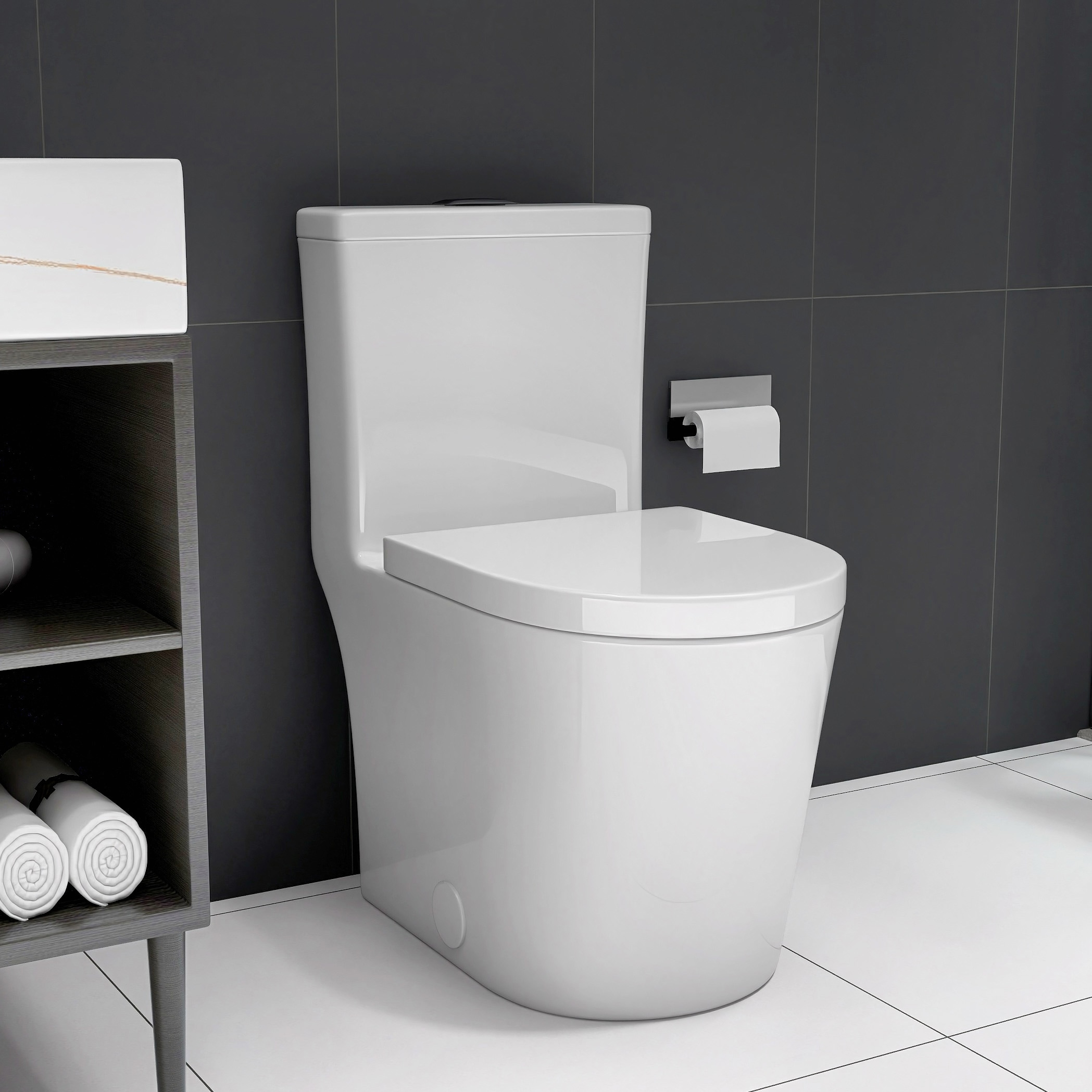Forclover TOE-P199553 White Elongated Standard height Soft Close 1-piece Toilet 12-in Rough-In 1.6 GPF