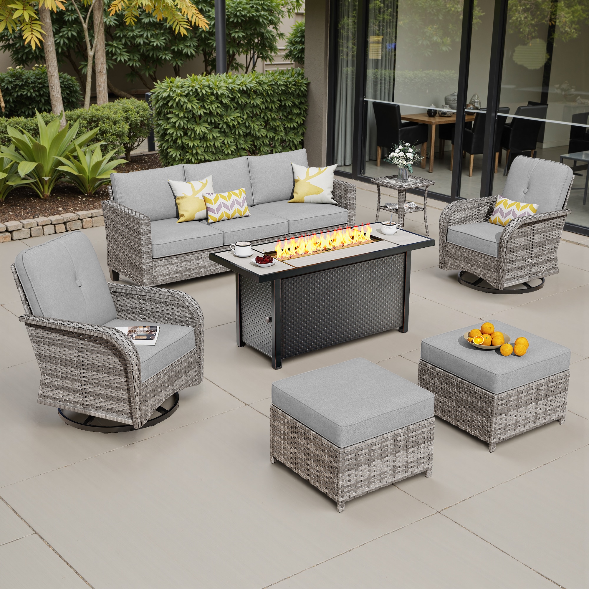 weaxty HMBCFP03YZGNCGNTC407 Initial 7 -Piece Wicker Patio Sofa Conversation Set with Gray Cushions