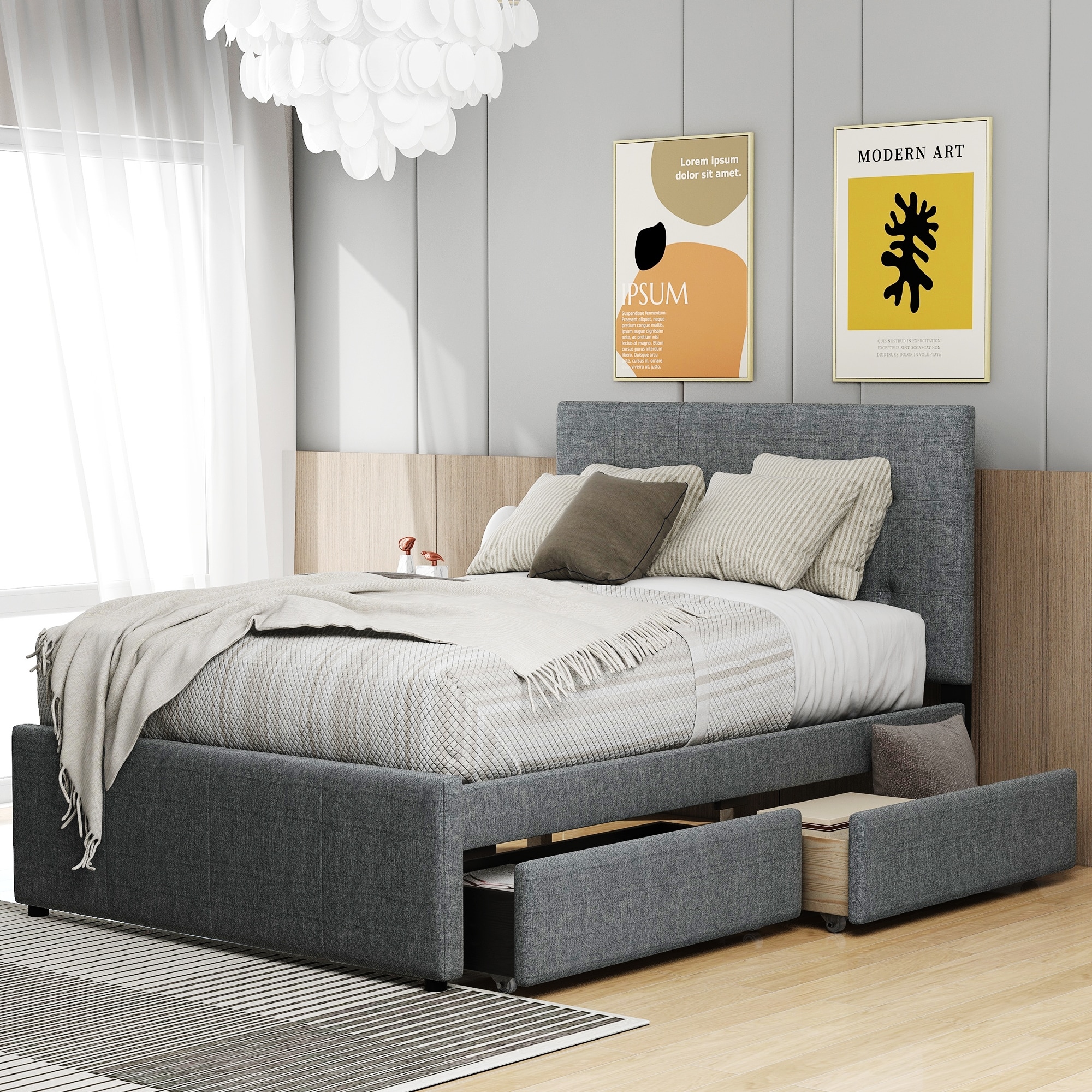 Qualler BWM000505E Gray Full Upholstered Platform Bed with Storage