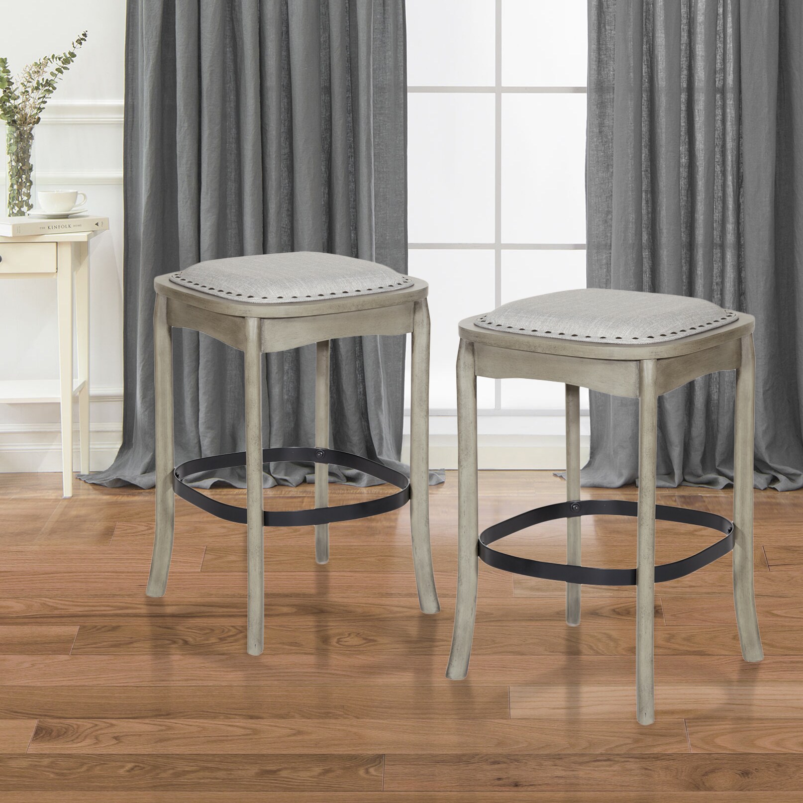 OSHOME SEN30-AG Senna Set of 2 Antique Gray 30.5-in H Bar height Upholstered Wood Backless Bar Stool