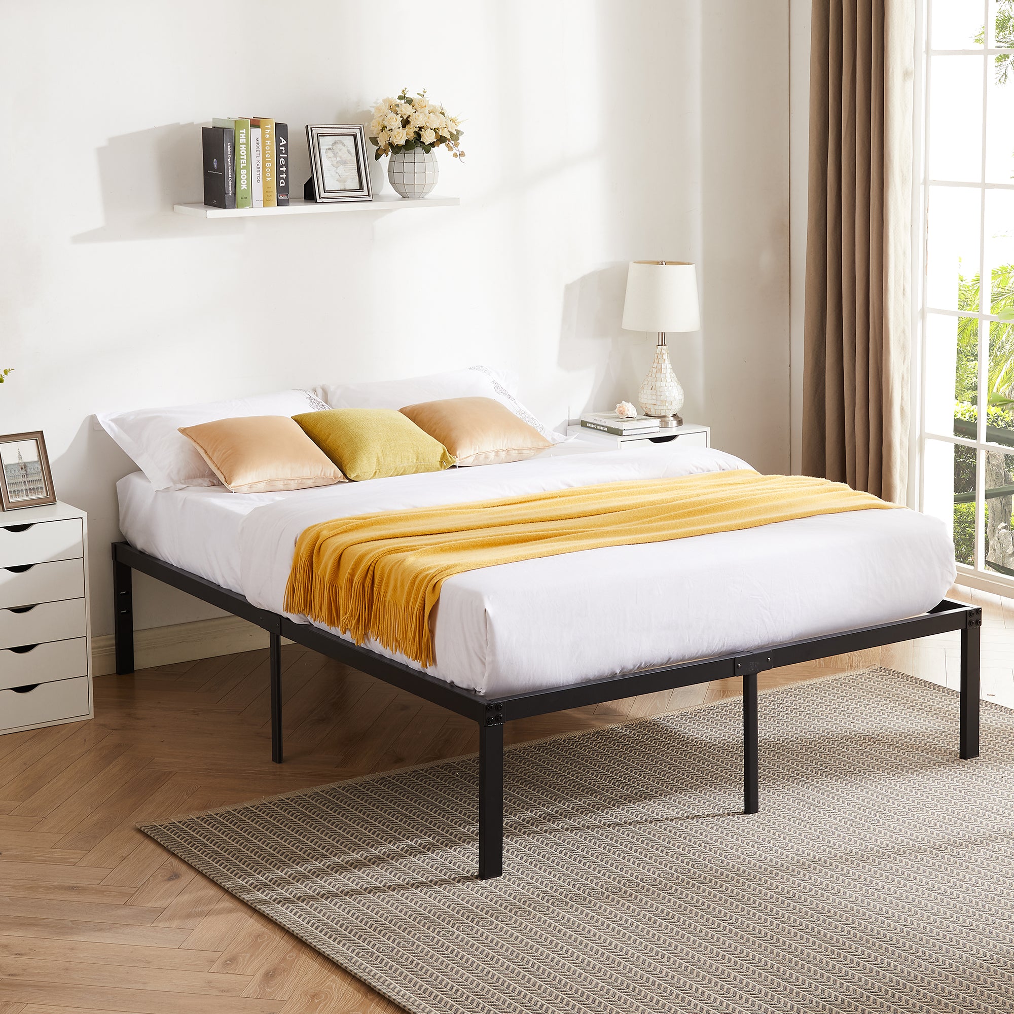 Vecelo LOE-LT-Q04M 16in Queen Metal Platform Tall Bed Frame Heavy Duty Steel Slat Easy Assembly