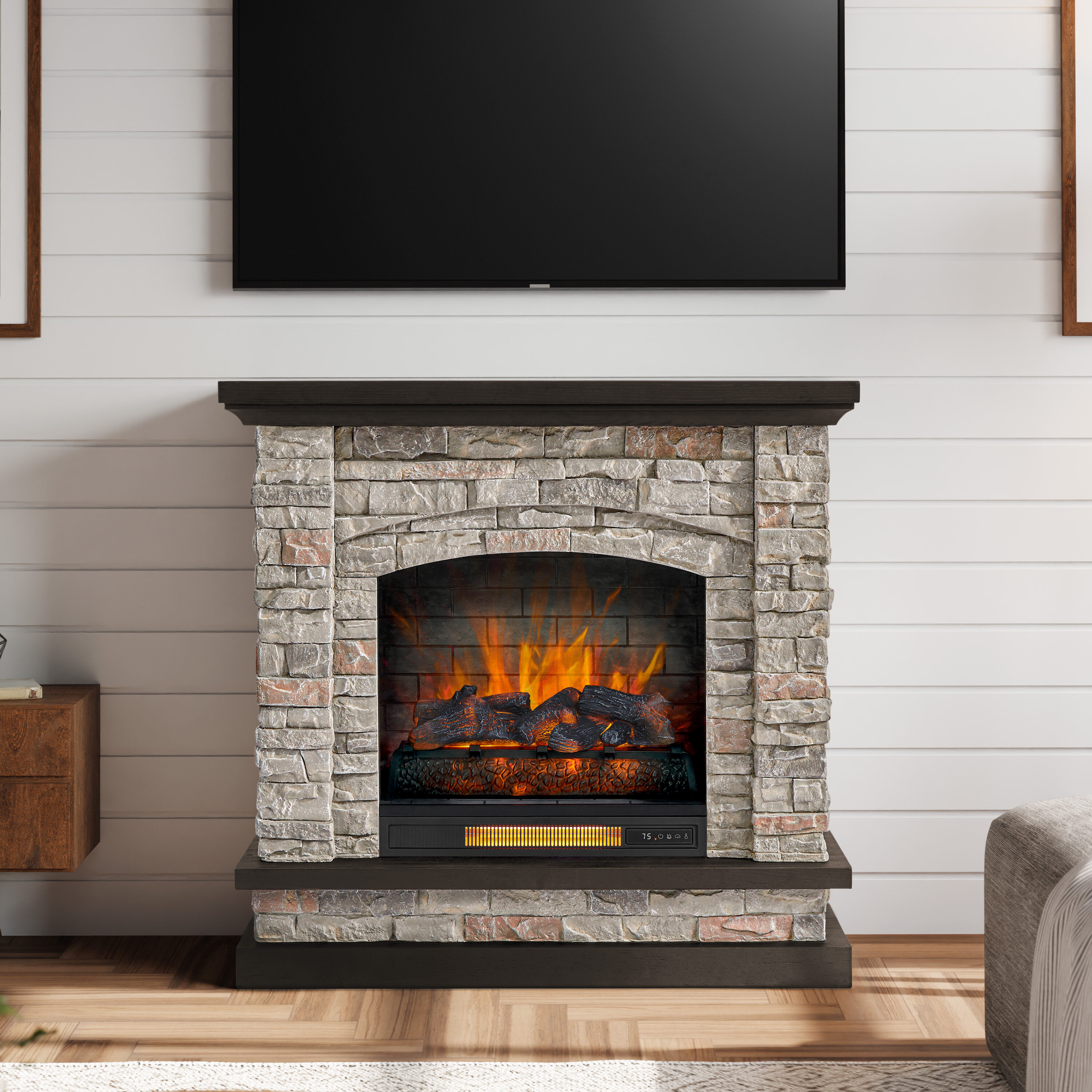 43.5-in W Stacked Faux Sandstone with Coffee Oak Infrared Quartz Electric Fireplace in Brown | - allen + roth 2315FM-23-931