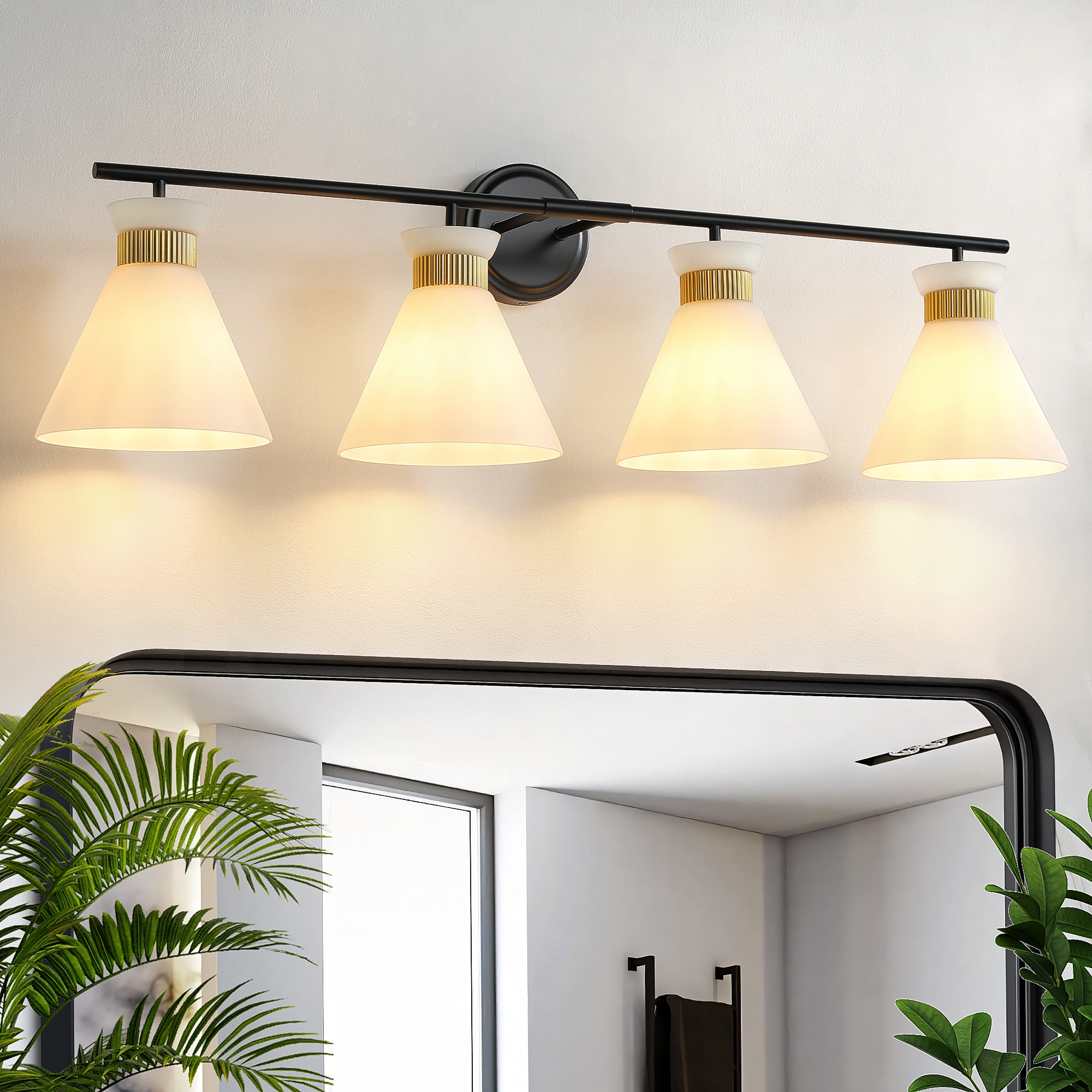 KAISITE 8090ML-04BG-US 36-in 4-Light Black and Gold Vanity Light with Milk White Glass Shade Modern Bathroom Light Fixture