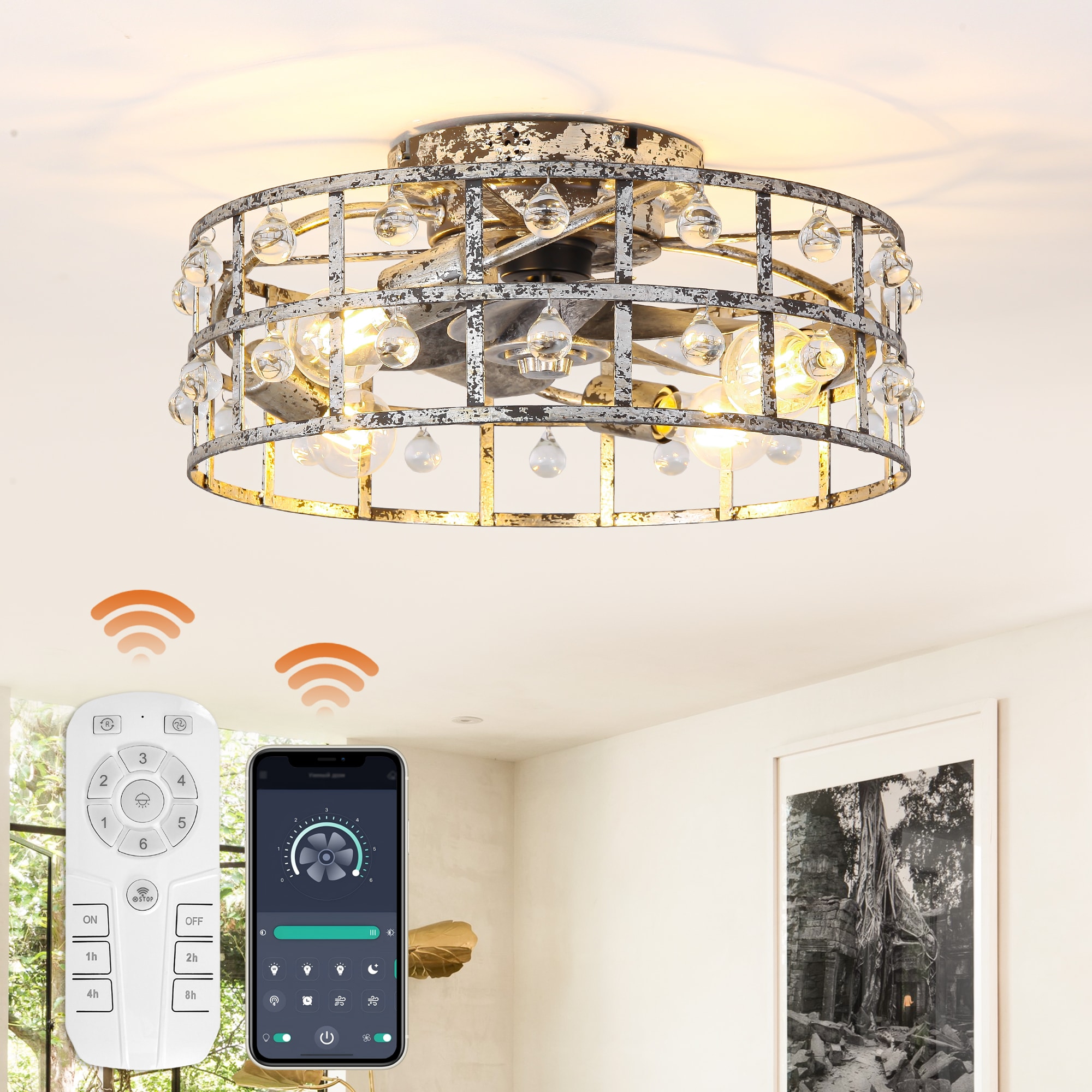  BBF3007 17.7-in Flush Mount Distressed Silver with Vintage Silver Blades Bladeless Ceiling Fan With Light - Remote Included ( 5 -Blade )