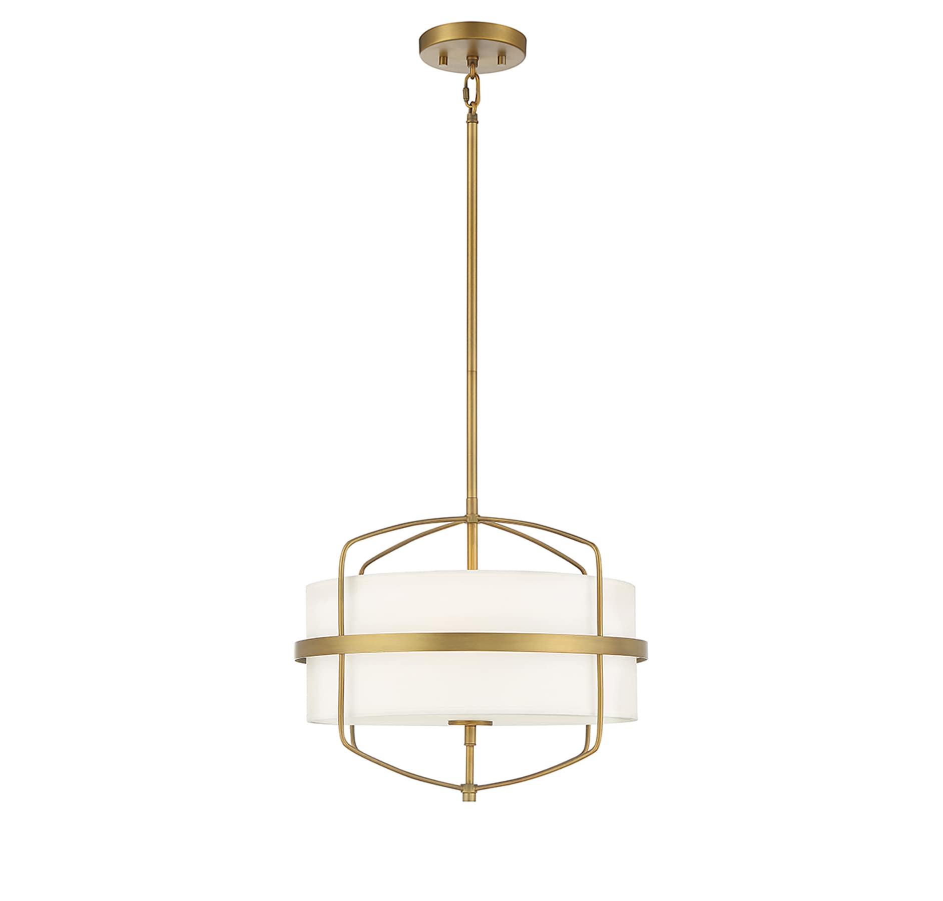 Transitional Brass Cage Drum Pendant with White Fabric Shade
