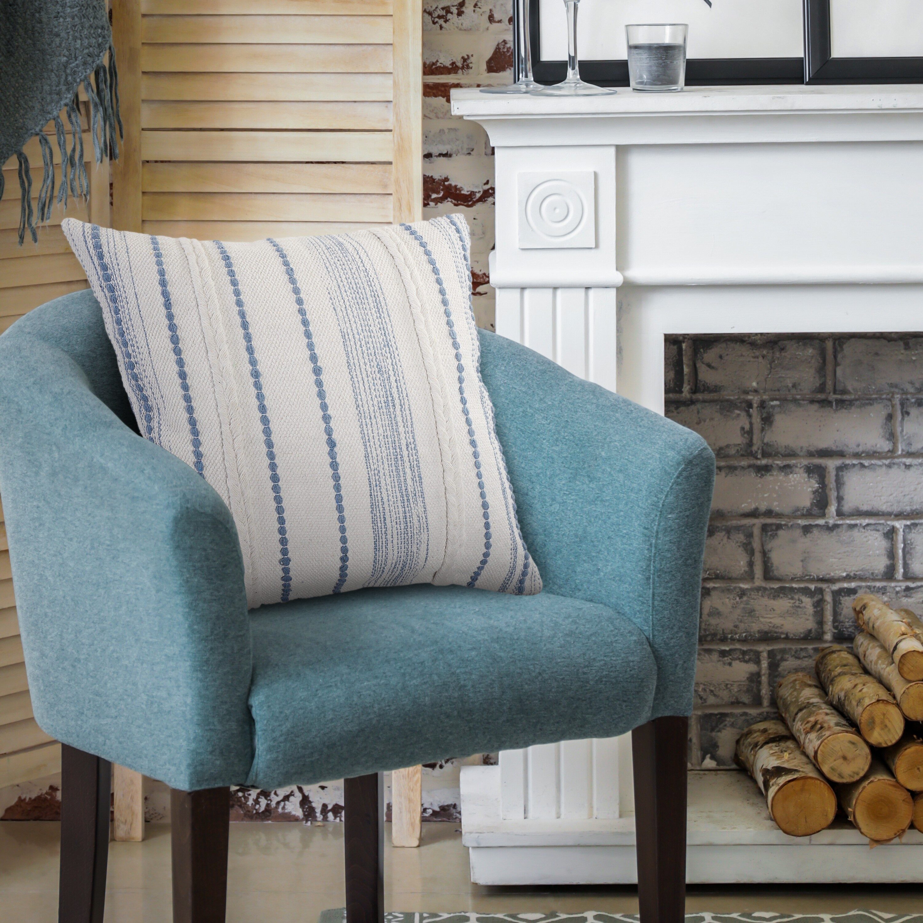 Textured White and Blue Square Throw Pillow, 20" x 20"