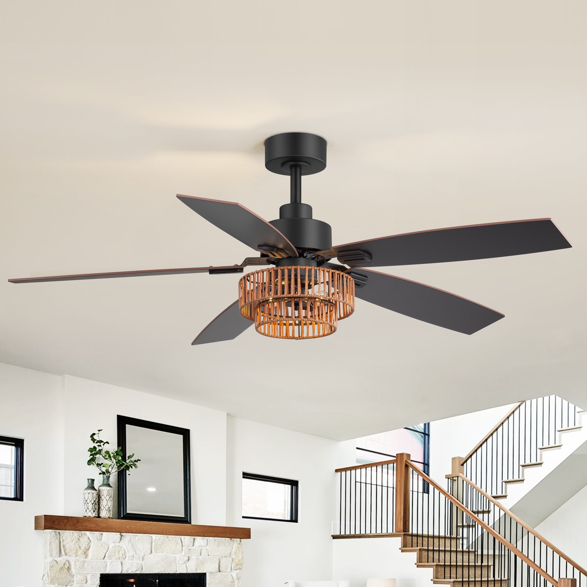 Breezary 29022-BK 52-in Rattan Black with Black and Deep Walnut Blades Ceiling Fan With Light - Remote Included ( 5 -Blade )