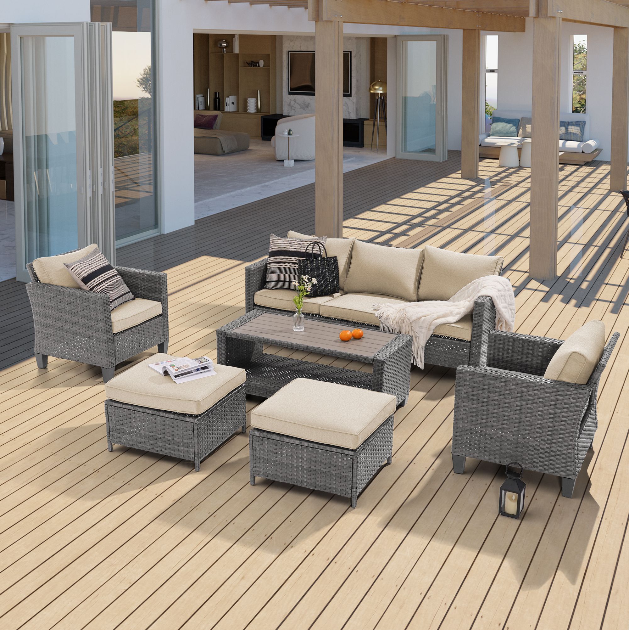 ACEGOSES LW-115HBG-T13 6 -Piece Wicker Patio Sofa Conversation Set with Tan Cushions