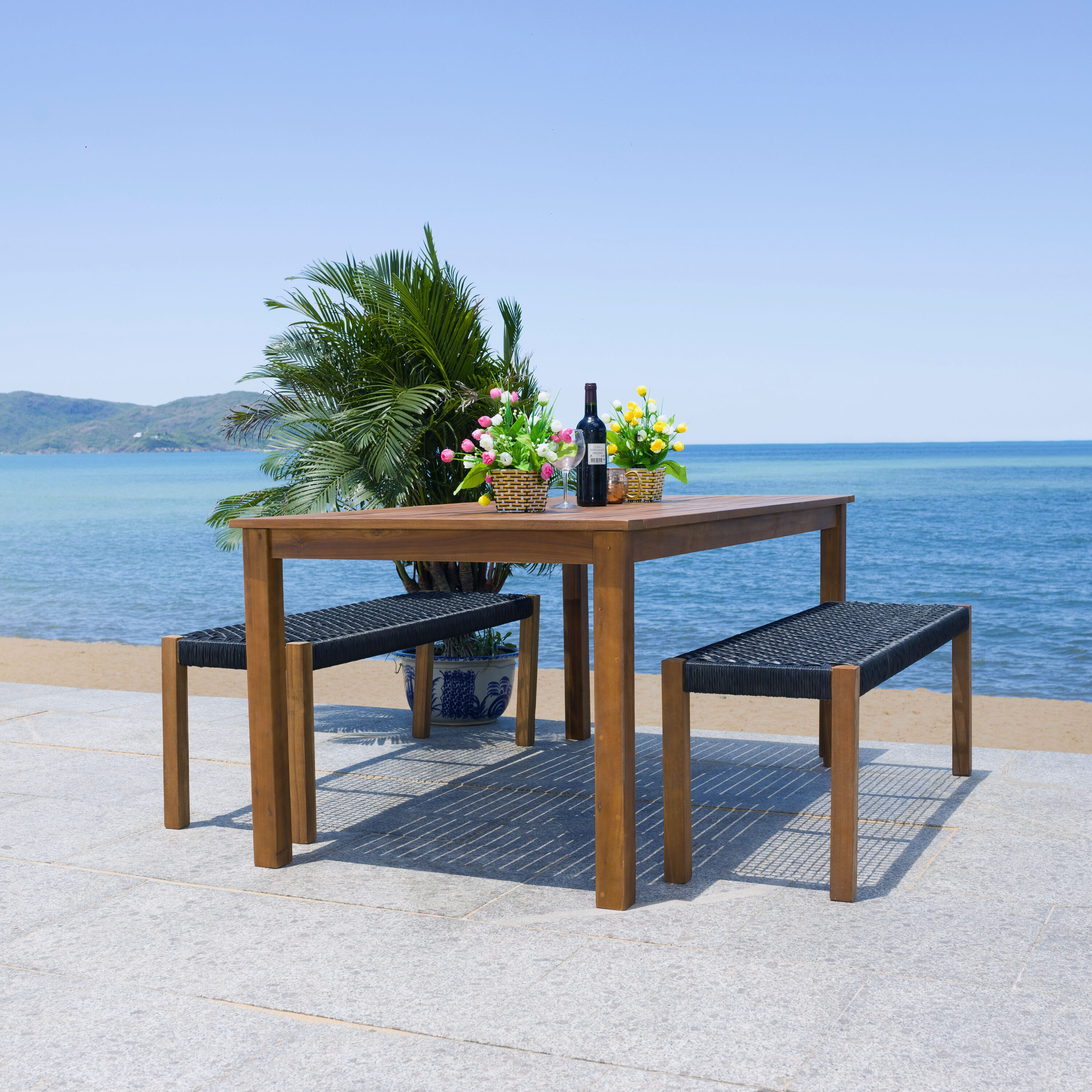 Natural Acacia and Black Woven Rattan 4-Person Patio Dining Set