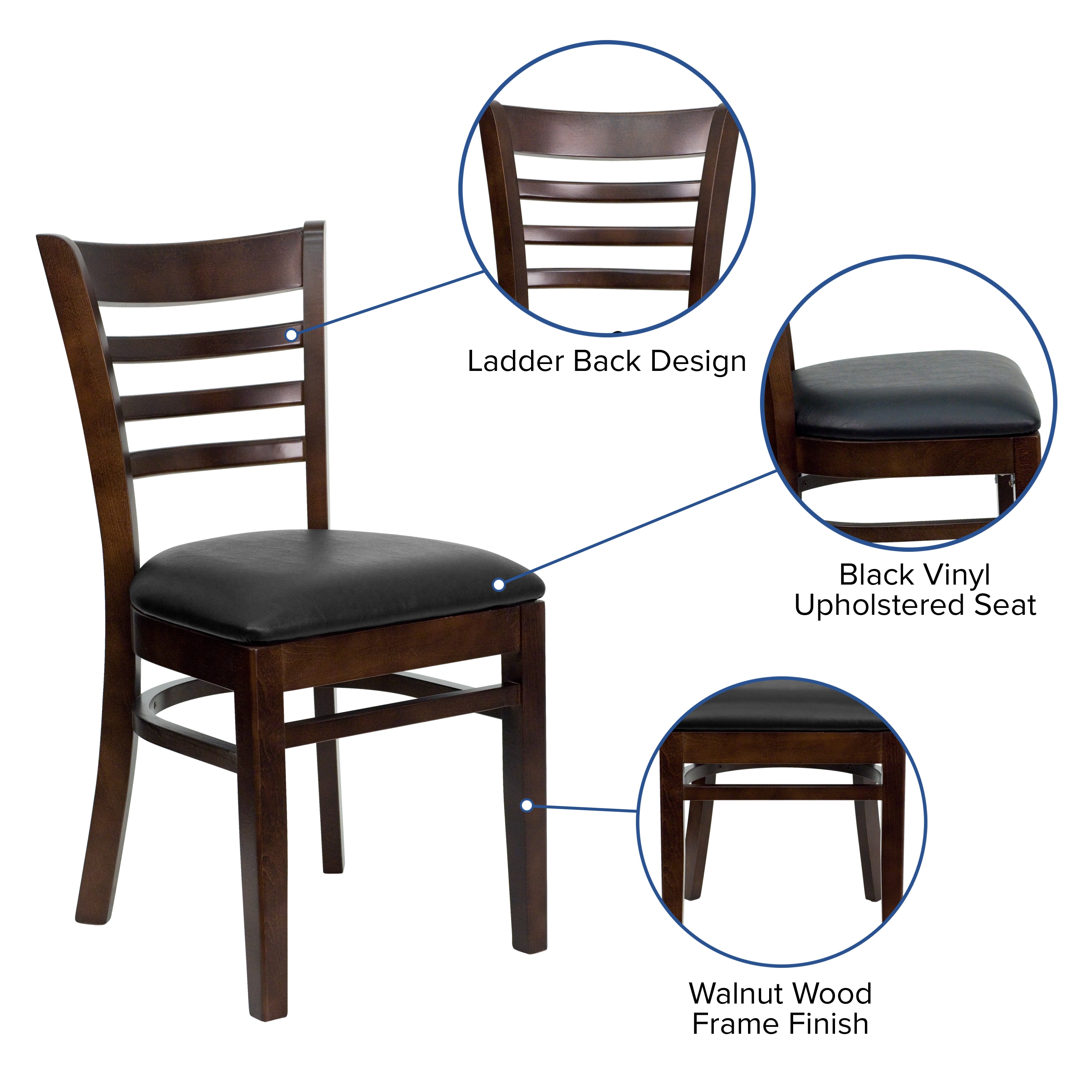 Walnut Wood and Black Vinyl Ladderback Side Chair