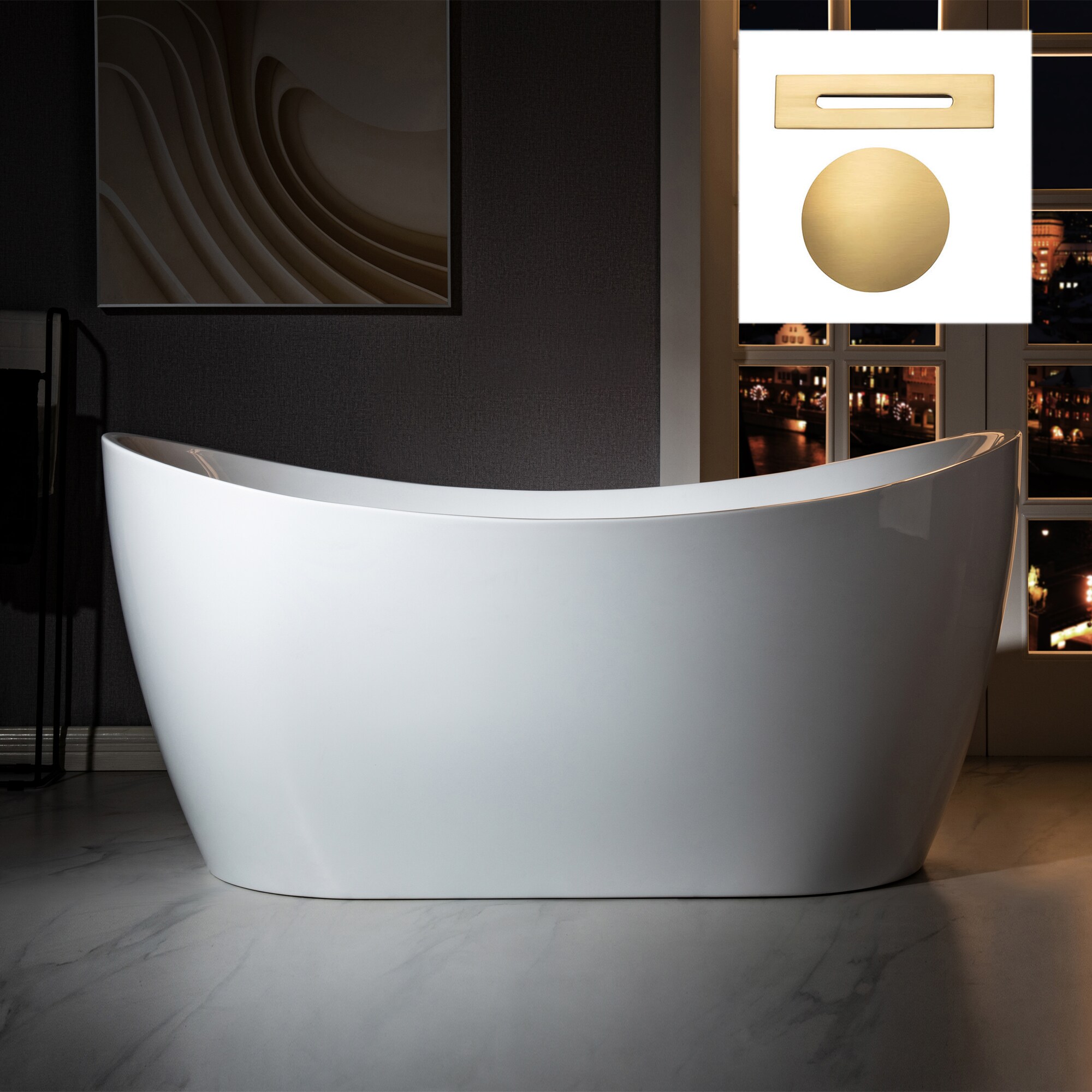 Woodbridge Inspiration 28.75-in x 59-in White with Gold Trim Acrylic Oval Freestanding Soaking Bathtub with Drain (Center Drain) Stainless Steel -  LB315