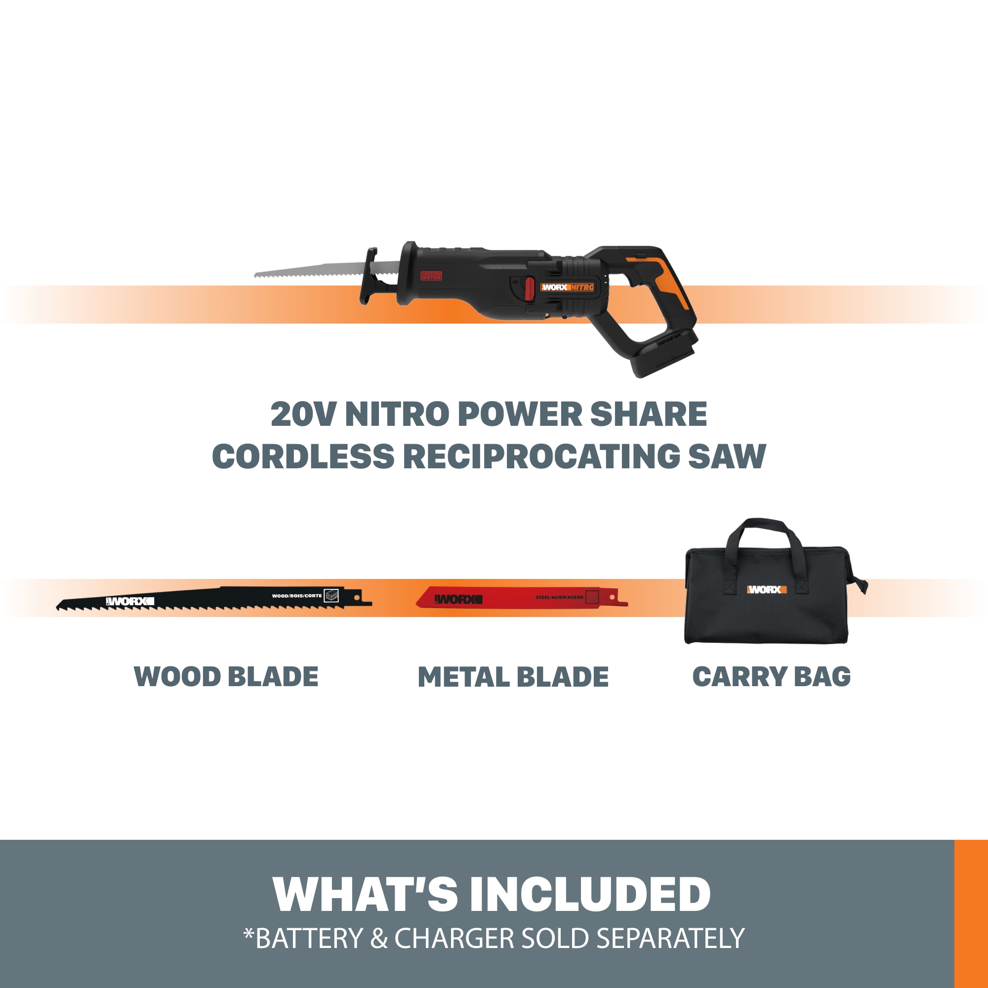 WORX 20-volt Max Variable Speed Brushless Cordless Reciprocating Saw (Bare  Tool) in the Reciprocating Saws department at