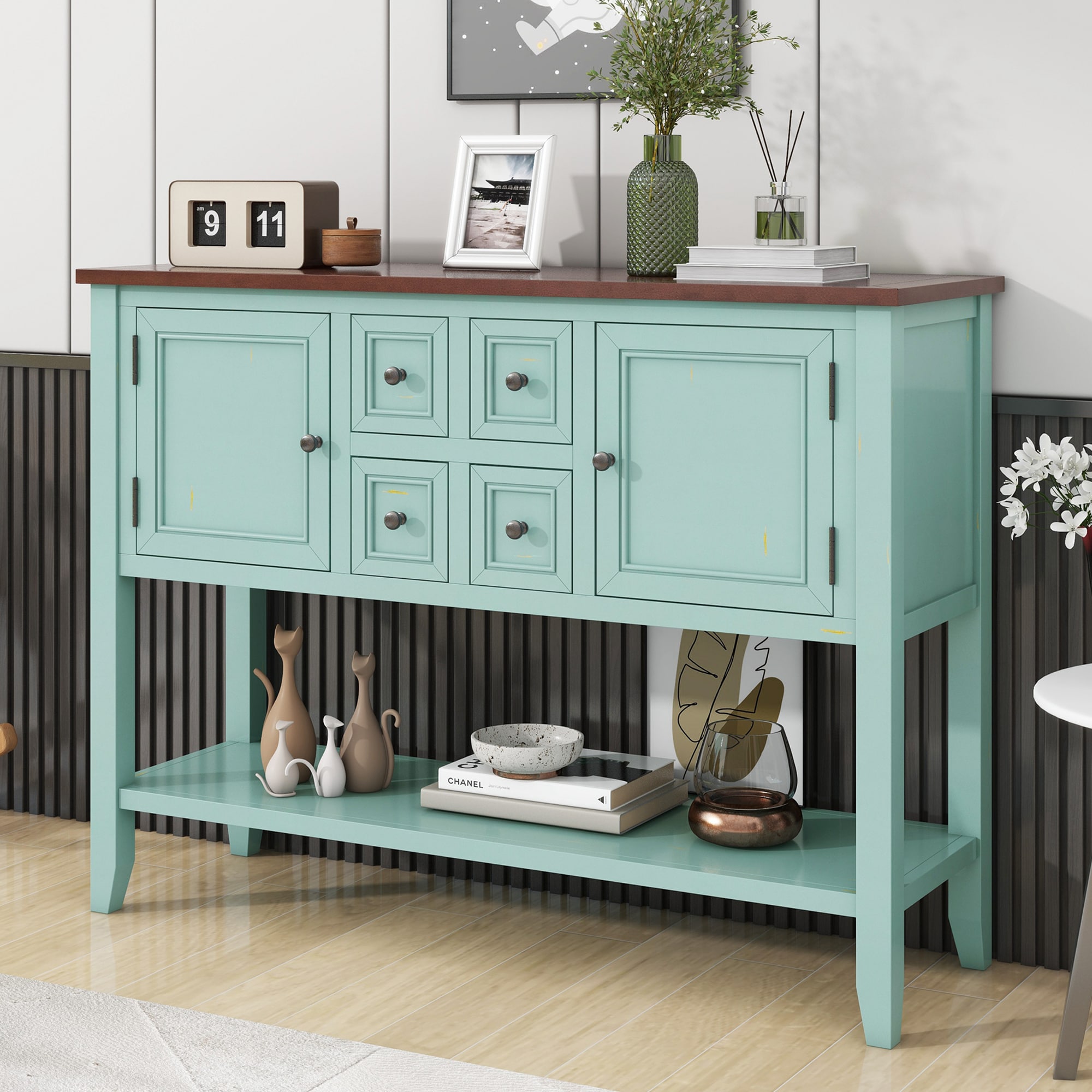 ModernLuxe WF314995AAC Cambridge Series  Ample Storage Vintage Console Table with Four Small Drawers and Bottom Shelf for Living Rooms Entrances and Kitchens Retro Blue