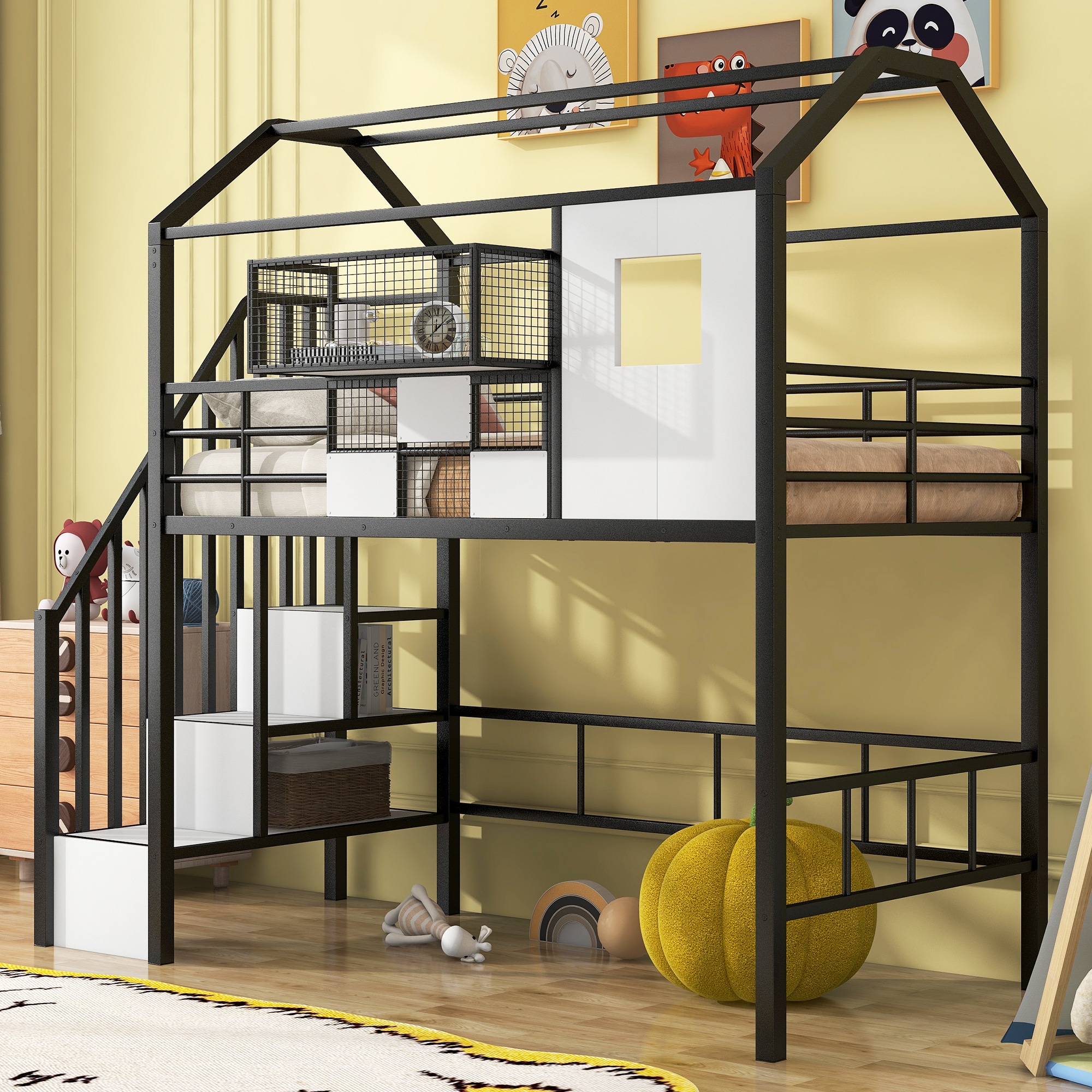 LOVMOR -  Metal Loft Bed with roof design and a storage box Twin Black