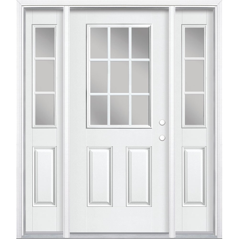 Masonite 1218777 60-in x 80-in x 4-9/16-in Fiberglass Half lite Left-hand inswing Arctic White Painted Prehung Front Door with Sidelights with Brickmould Insulating core with Grilles