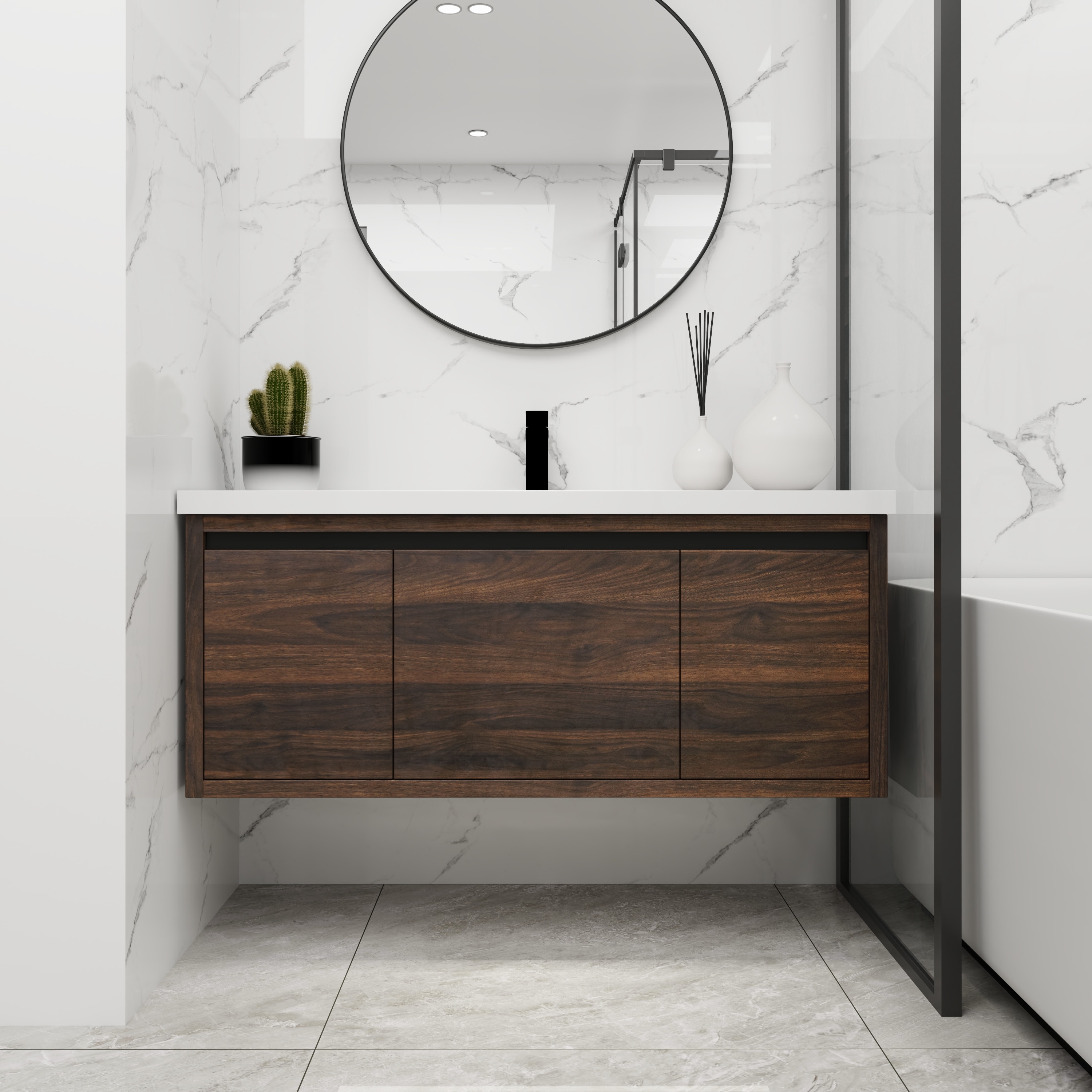 Ayelon FLV84813 Bath Vanity 48-in Walnut Undermount Single Sink Floating Bathroom Vanity with White Acrylic Top