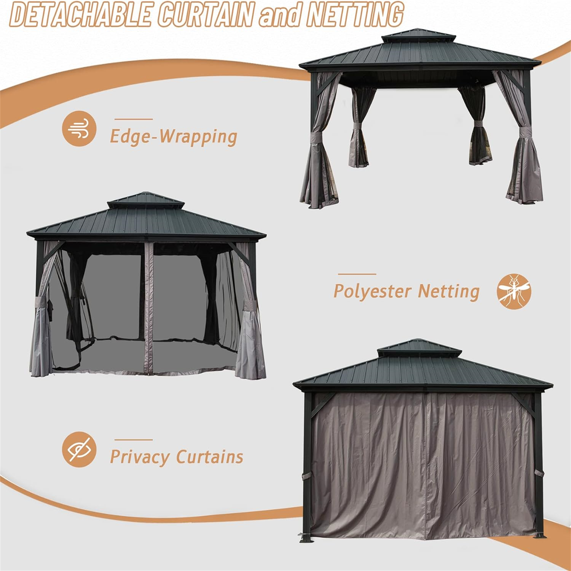 Mondawe 12-ft x 12-ft Square Gray Metal Steel Roof Gazebo with Screen ...