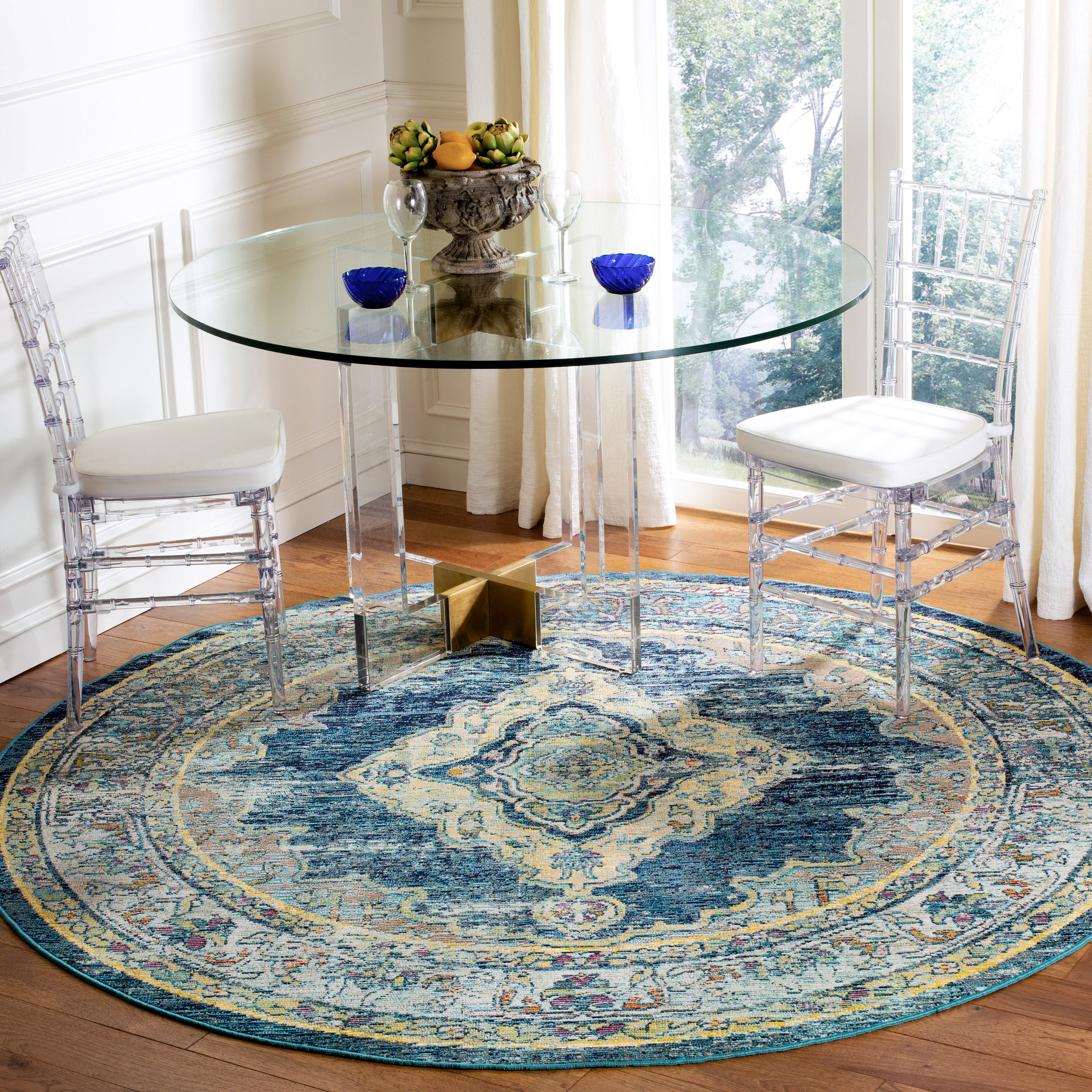 Blue Tufted Round Washable Synthetic Area Rug