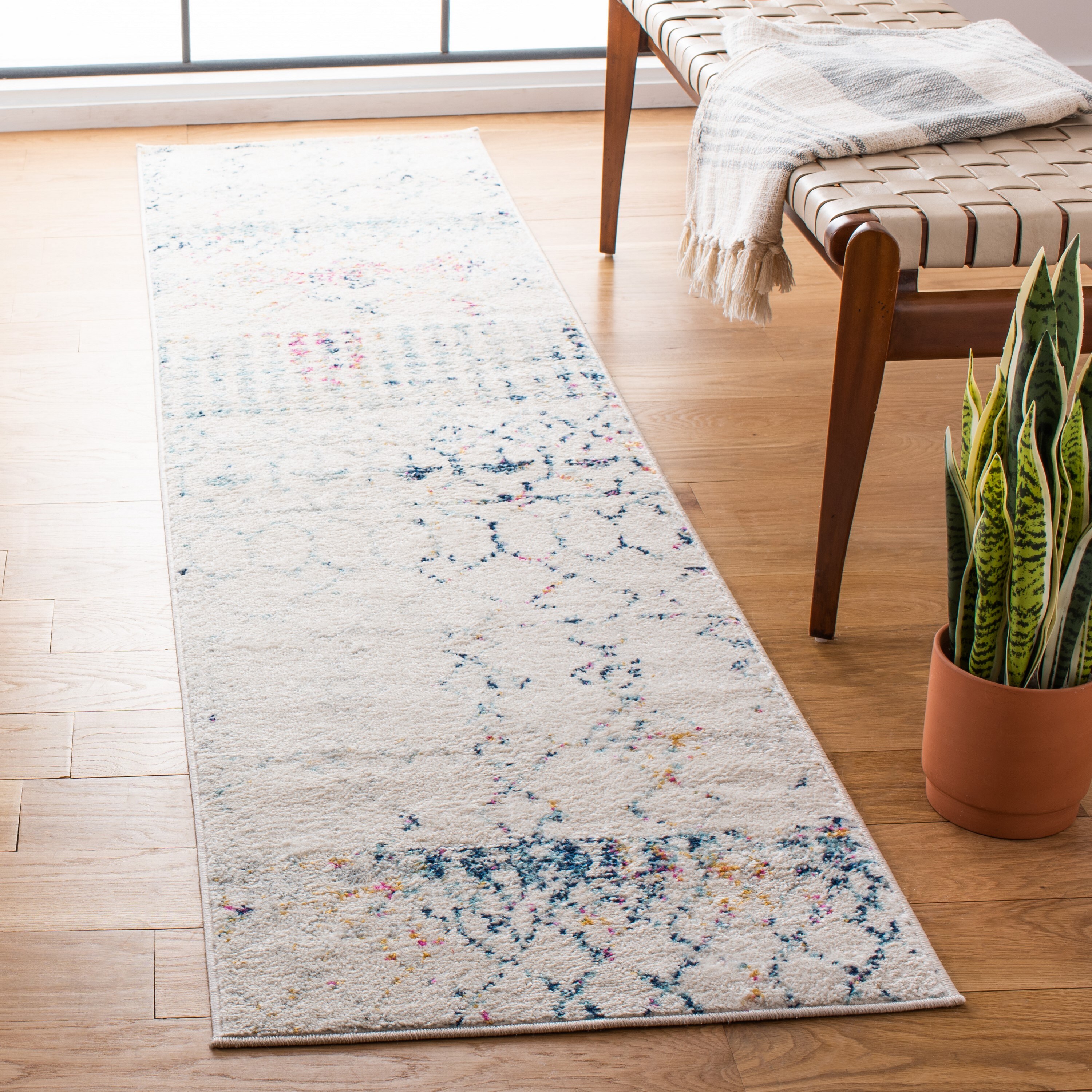 Safavieh TUL229C-29 Tulum Artesia 2 x 9 (ft) Loomed Polypropylene Ivory/Blue Rectangular Indoor Distressed/Overdyed Bohemian/Eclectic Runner rug