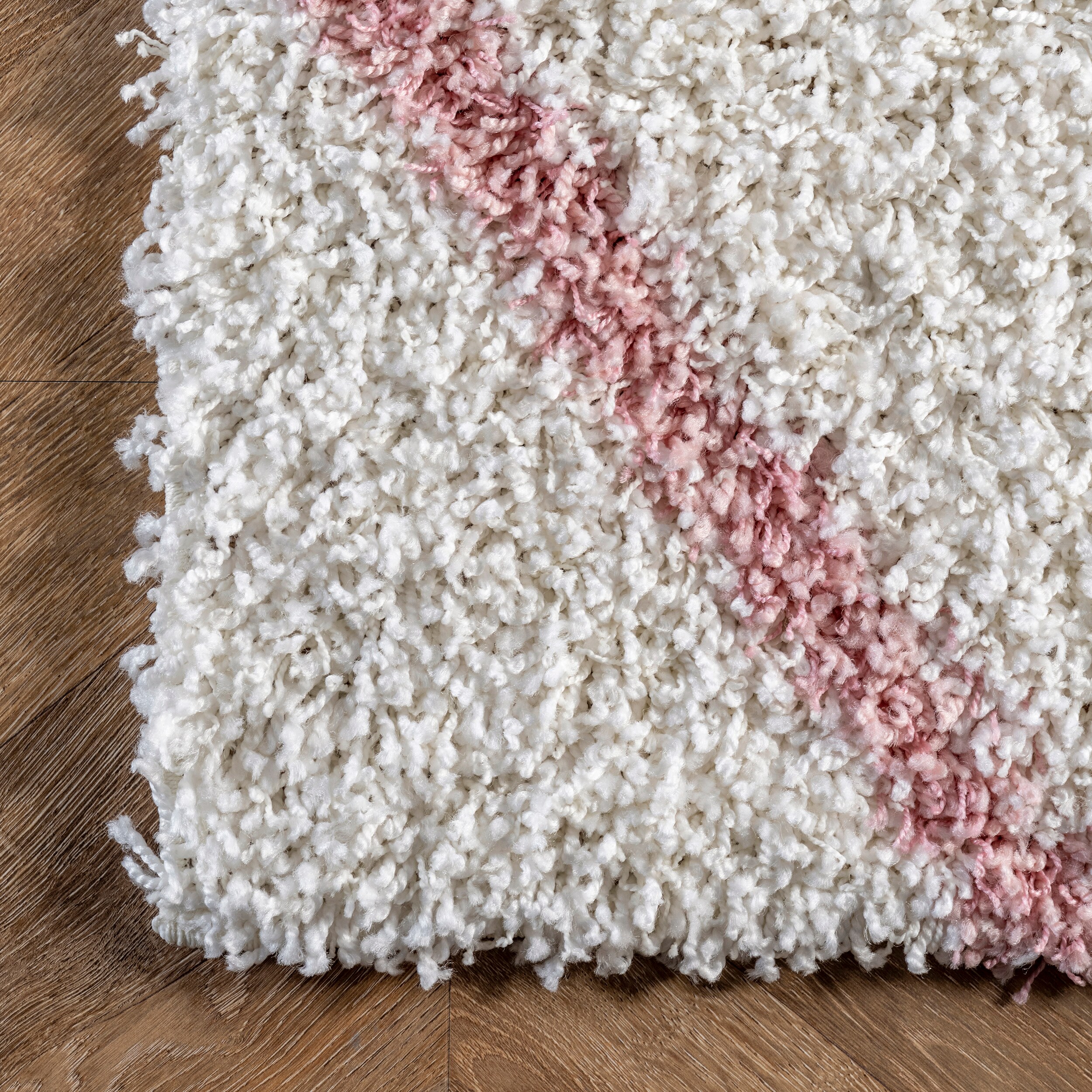Pink and Ivory Geometric Shag Runner Rug, 2' 8" x 8'