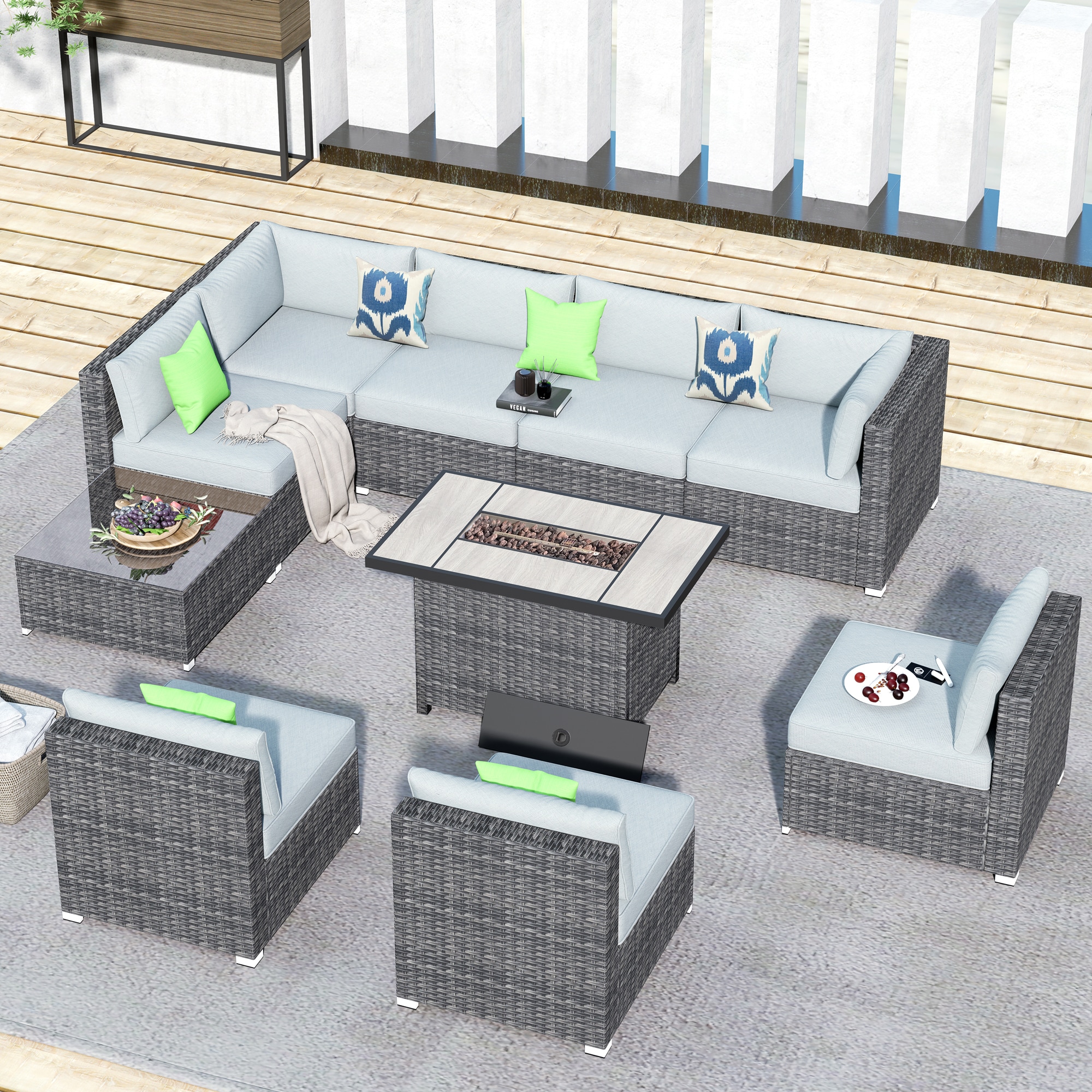 Pouuin SRFPHOP4-7-BOX3 9 -Piece Wicker Patio Sofa Conversation Set with Gray Cushions