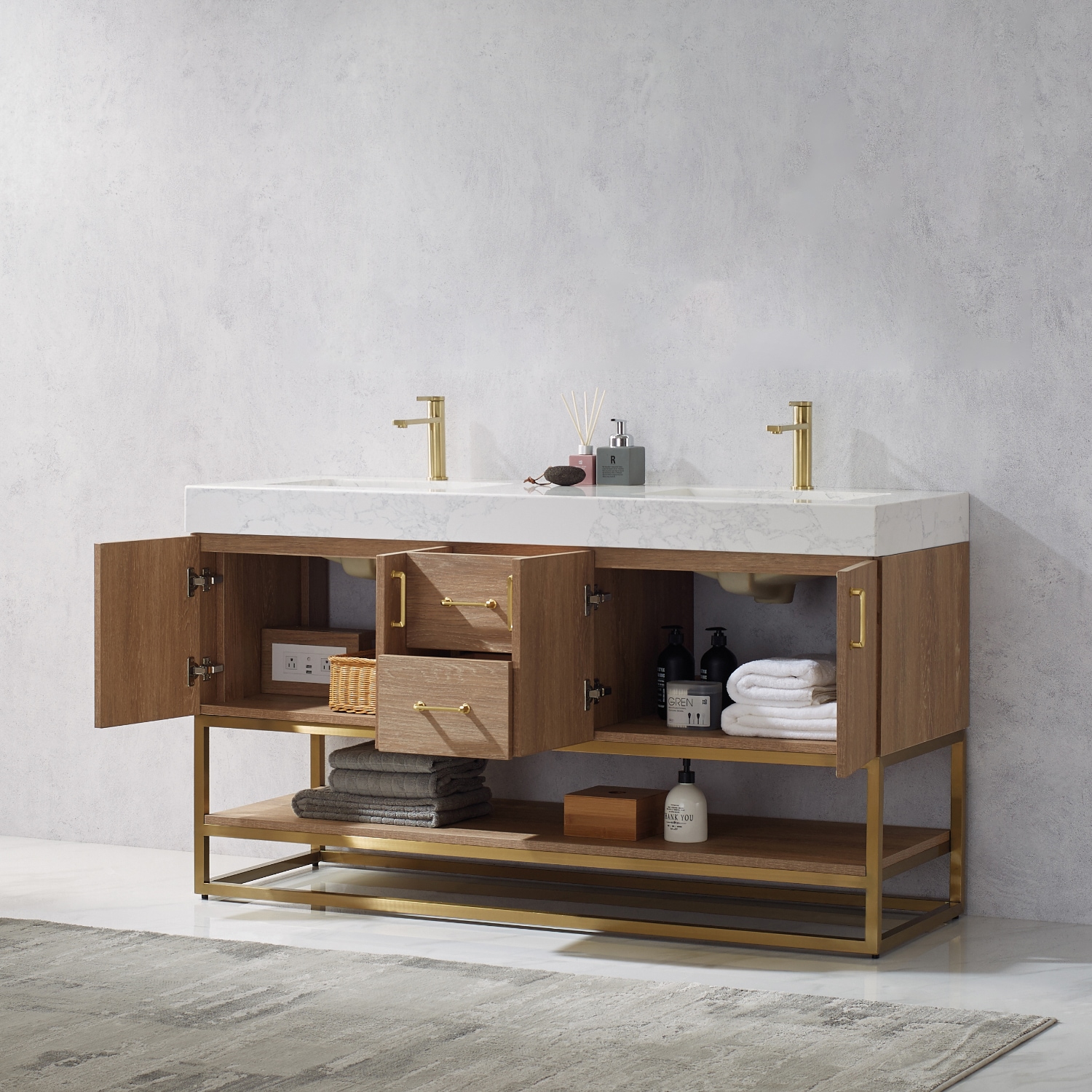 Alistair 60" Oak Double Vanity with White Stone Top and Brushed Gold Trim
