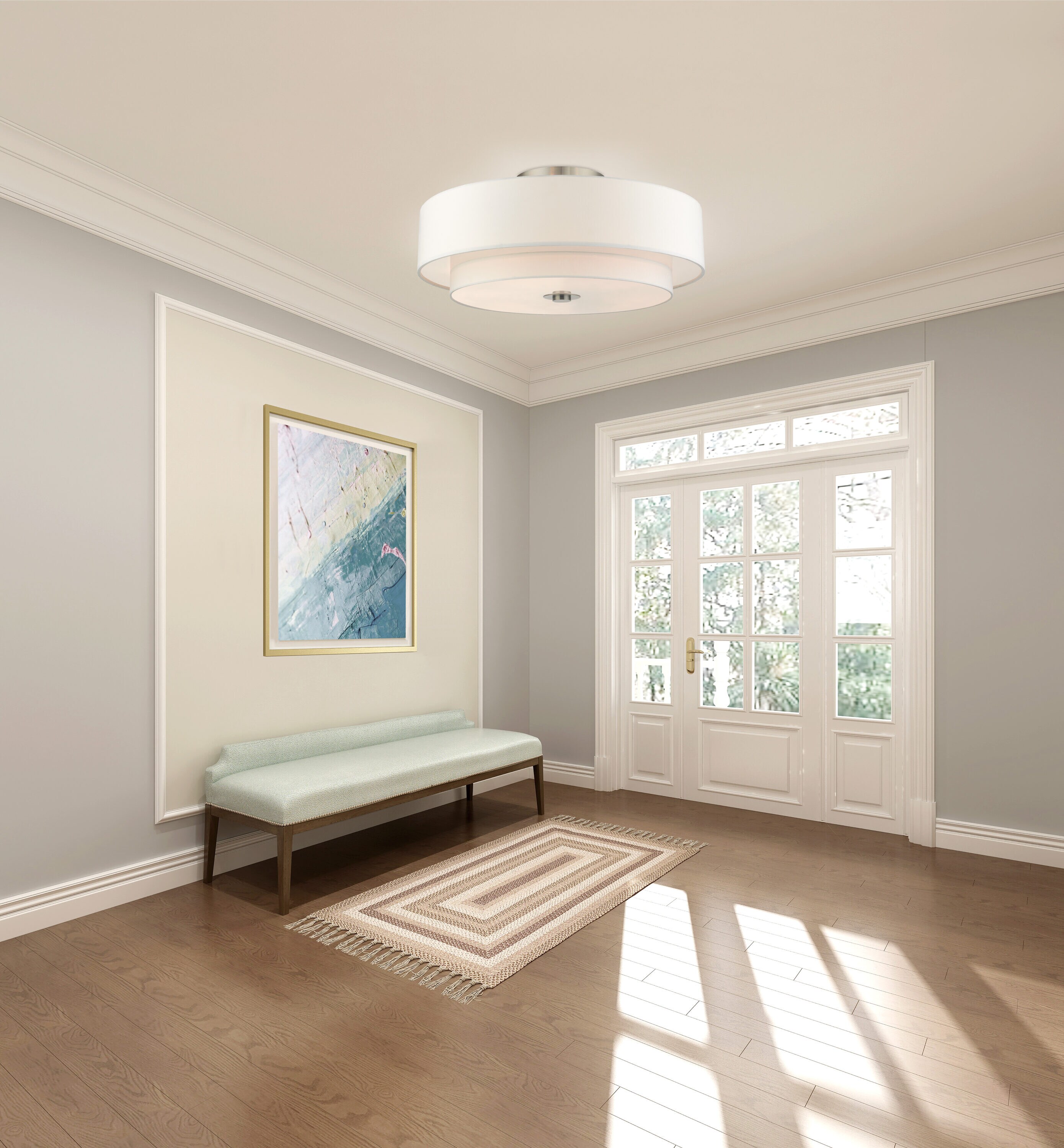 Modern Brushed Nickel 6-Light Drum Semi-Flush Mount with Glass Shade