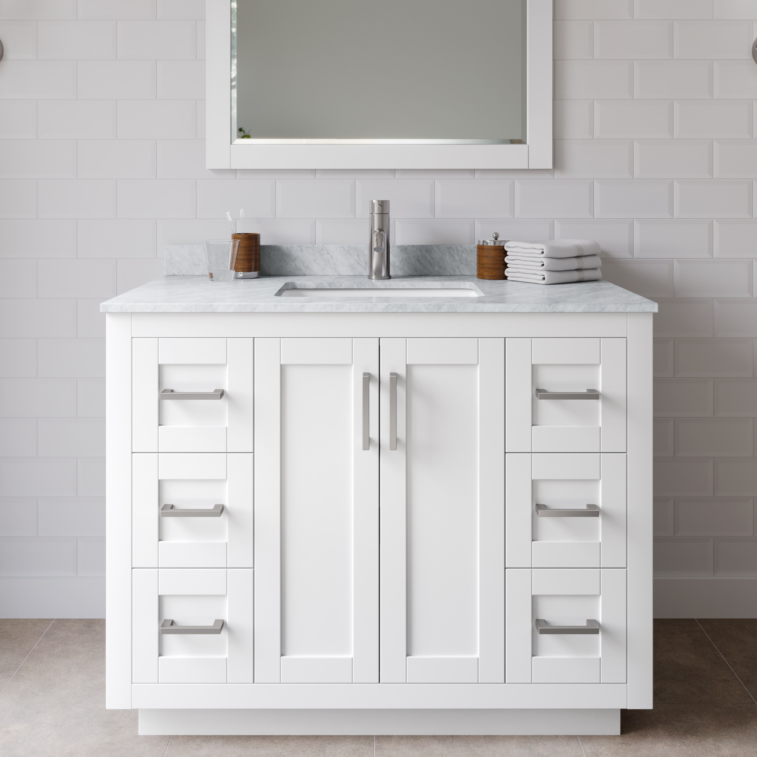 Wyndham Collection WCF292942SWHCMUNSMXX Miranda 42-in White with Brushed Nickel Trim Undermount Single sink Bathroom Vanity with White Carrara Marble Marble Top
